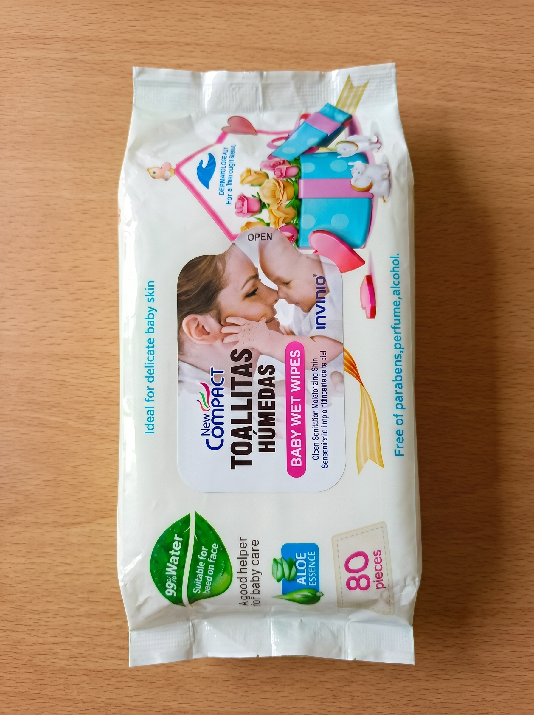 New Compact Toallitas Húmedas Baby Wet Wipes – 99% Water & Aloe Essence (80 Pcs)