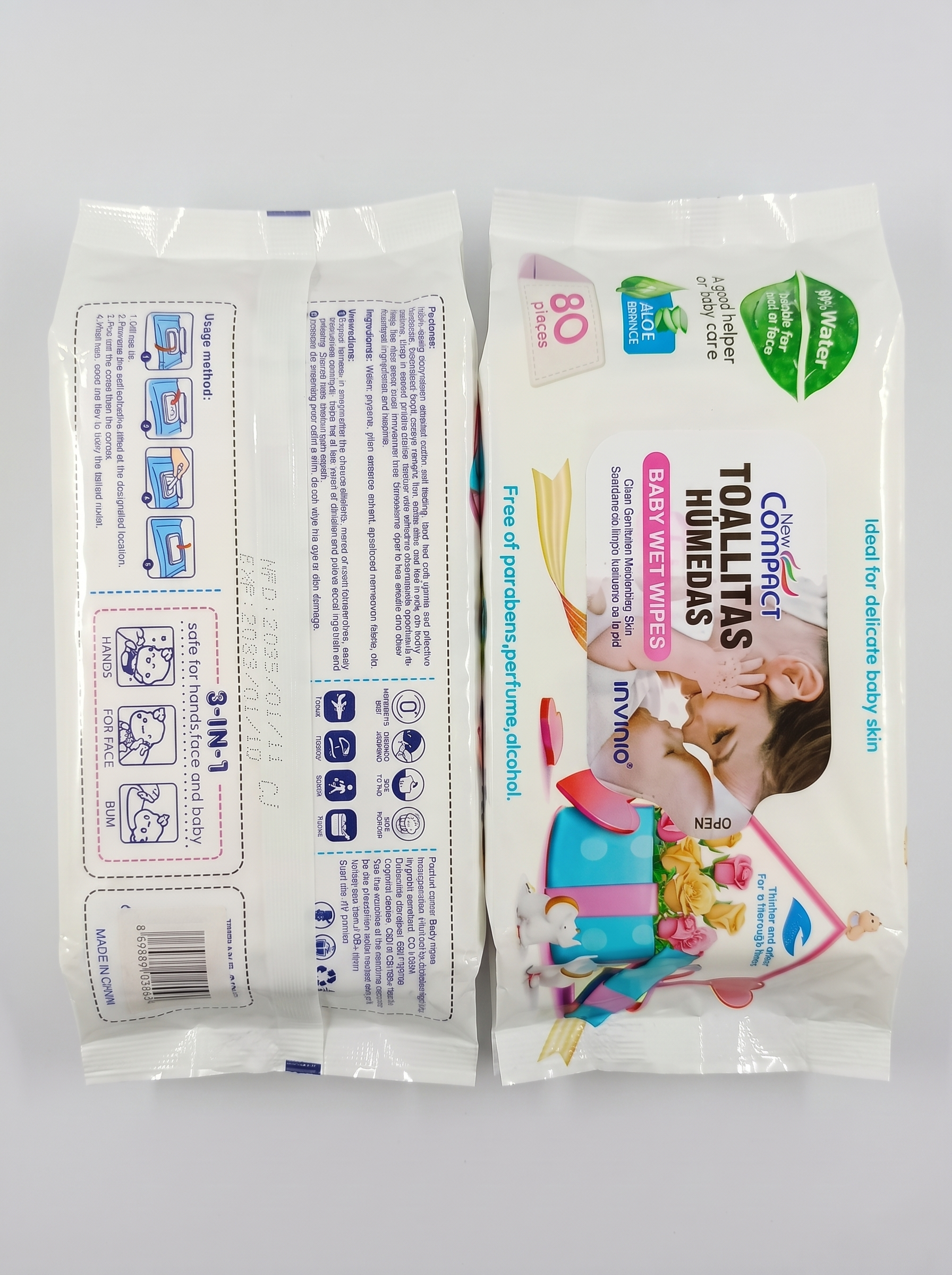 New Compact Toallitas Húmedas Baby Wet Wipes – 99% Water & Aloe Essence (80 Pcs)