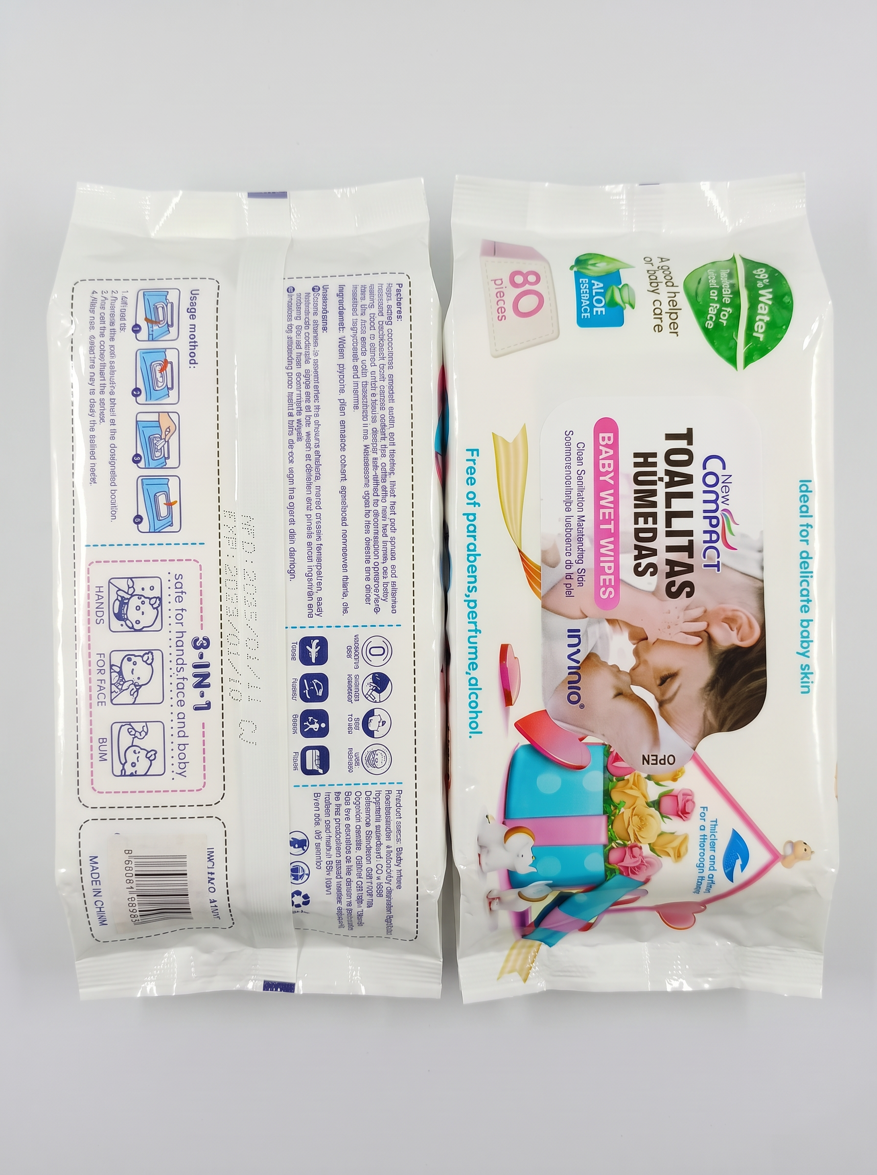 New Compact Toallitas Húmedas Baby Wet Wipes – 99% Water & Aloe Essence (80 Pcs)