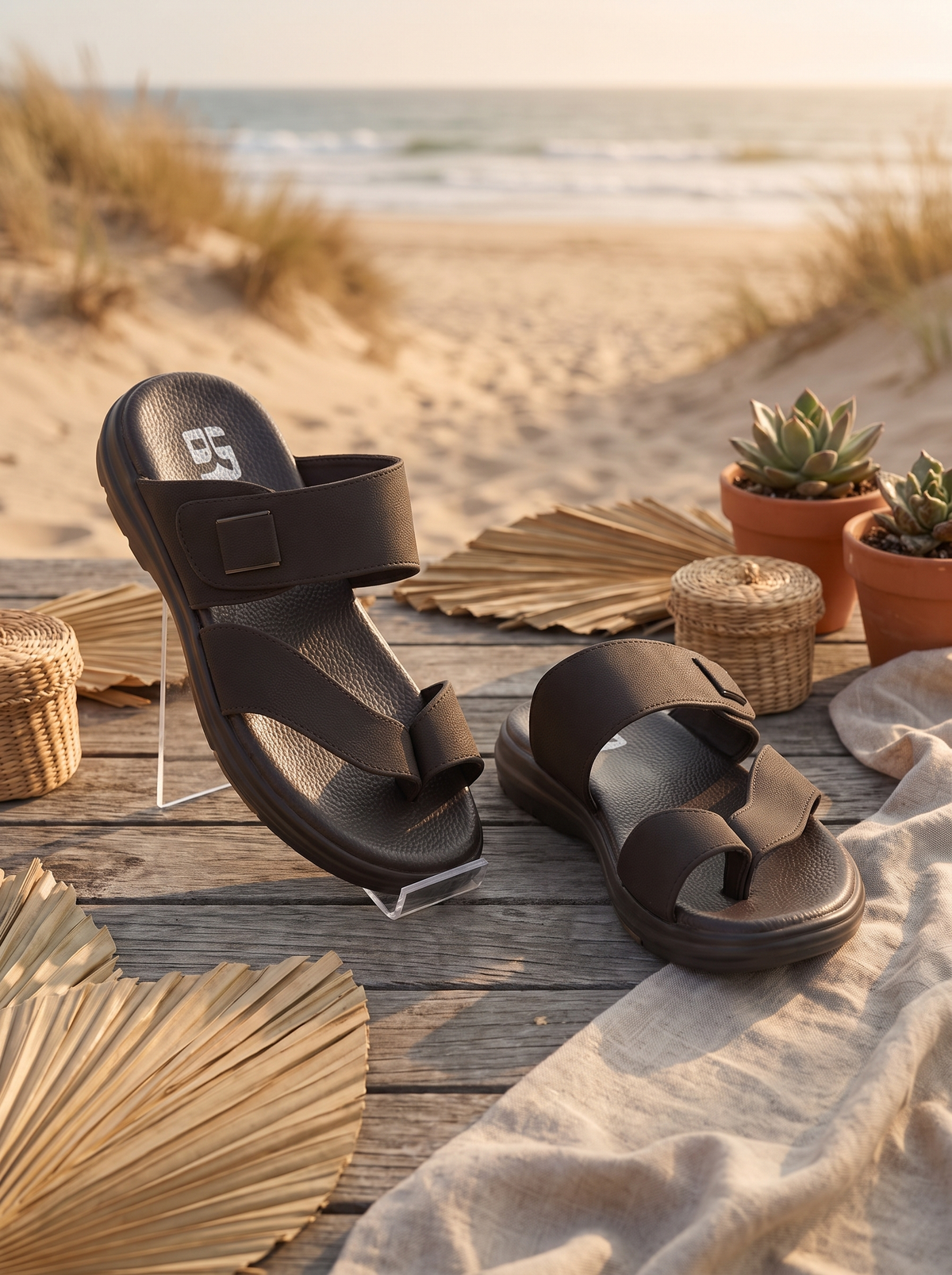 Men’s Comfort Toe-Loop Slide Sandals – Black Casual Open-Toe Slippers with Adjustable Upper Strap