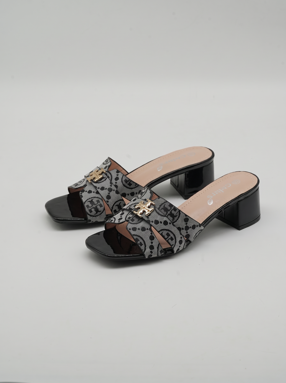 Women's Monogram Canvas Low Block Heel Mule Sandals - Logo Hardware Square Toe Slides