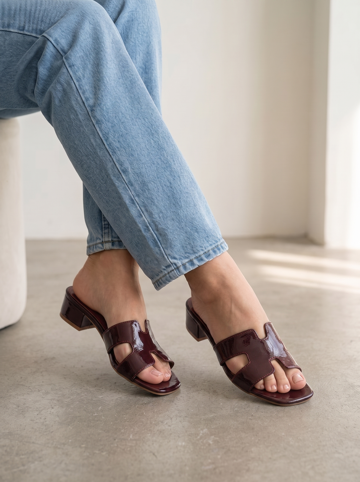 Women's Tan Cutout Low Block Heel Slide Sandals - Open Toe Slip-On Mules