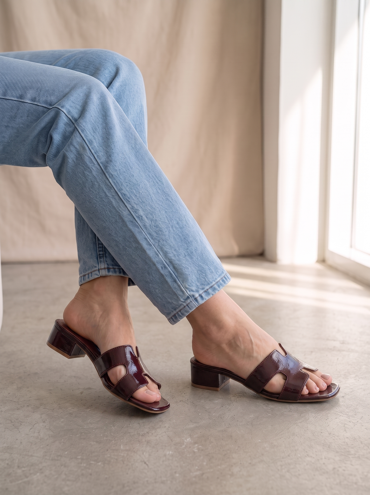 Women's Tan Cutout Low Block Heel Slide Sandals - Open Toe Slip-On Mules