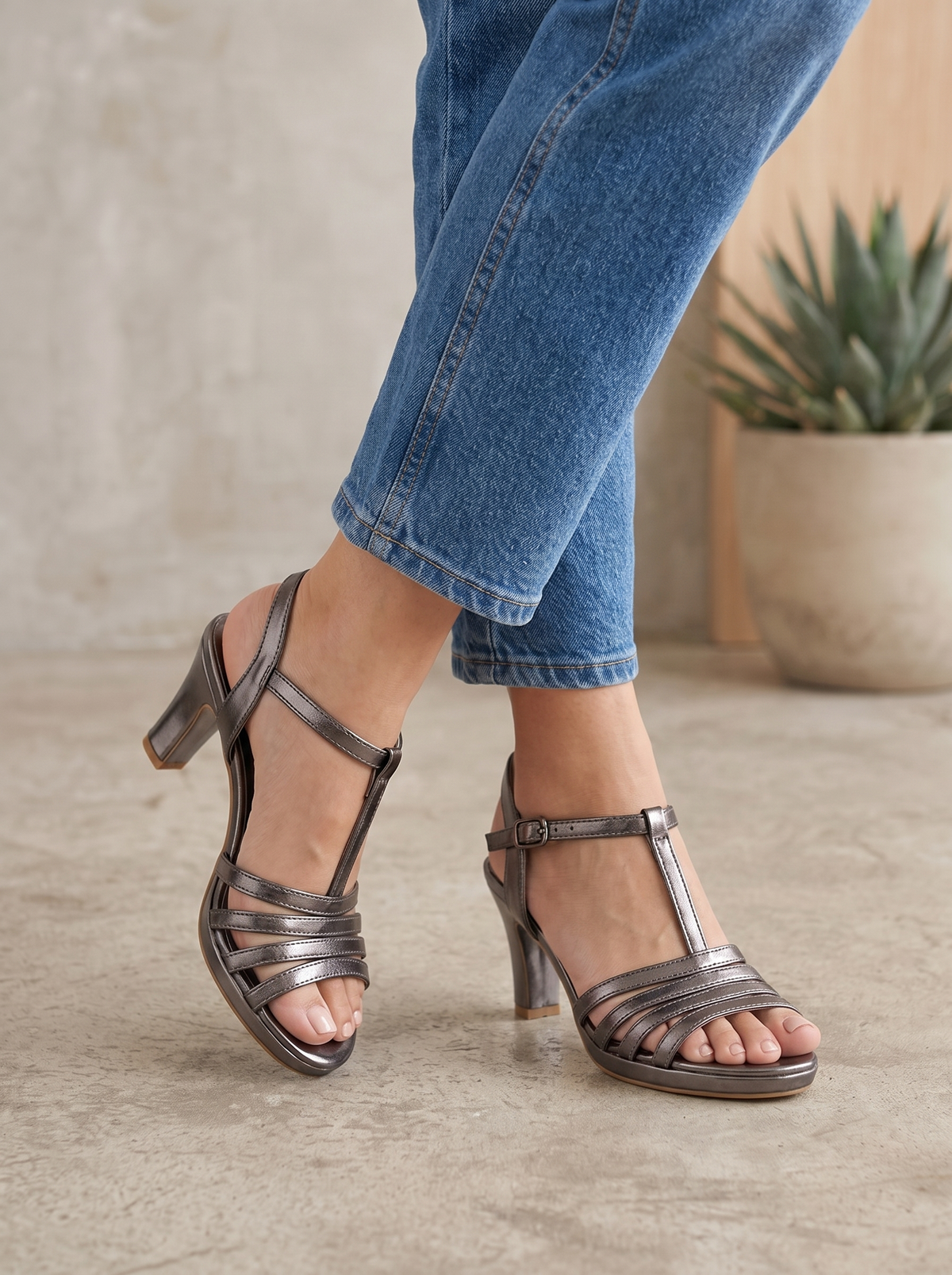 Women's Silver Metallic T-Strap Block Heel Sandals - Strappy Ankle Buckle Dress Shoes