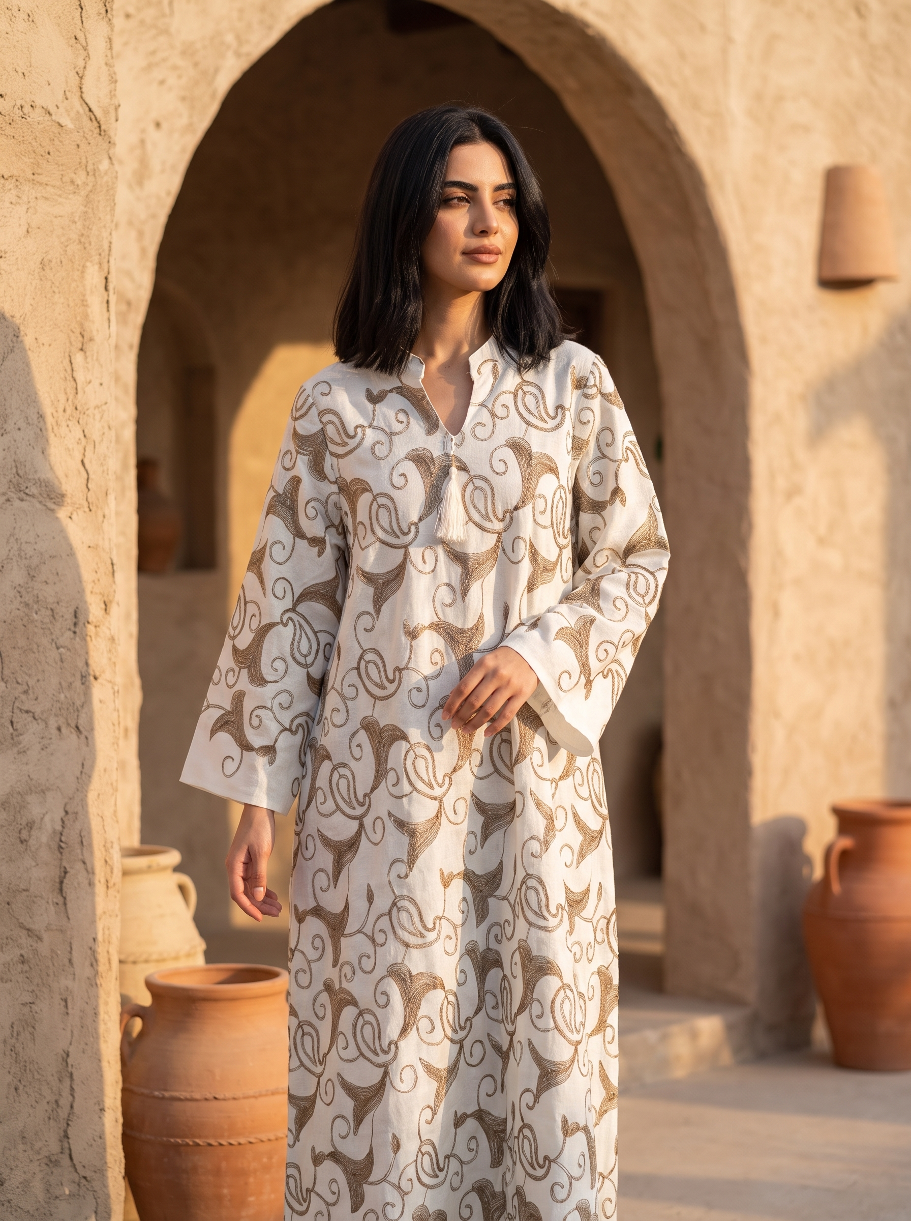 Elegant Embroidered White & Gold Kaftan Dress | Luxury Long-Sleeve Maxi with V-Neck Tassels