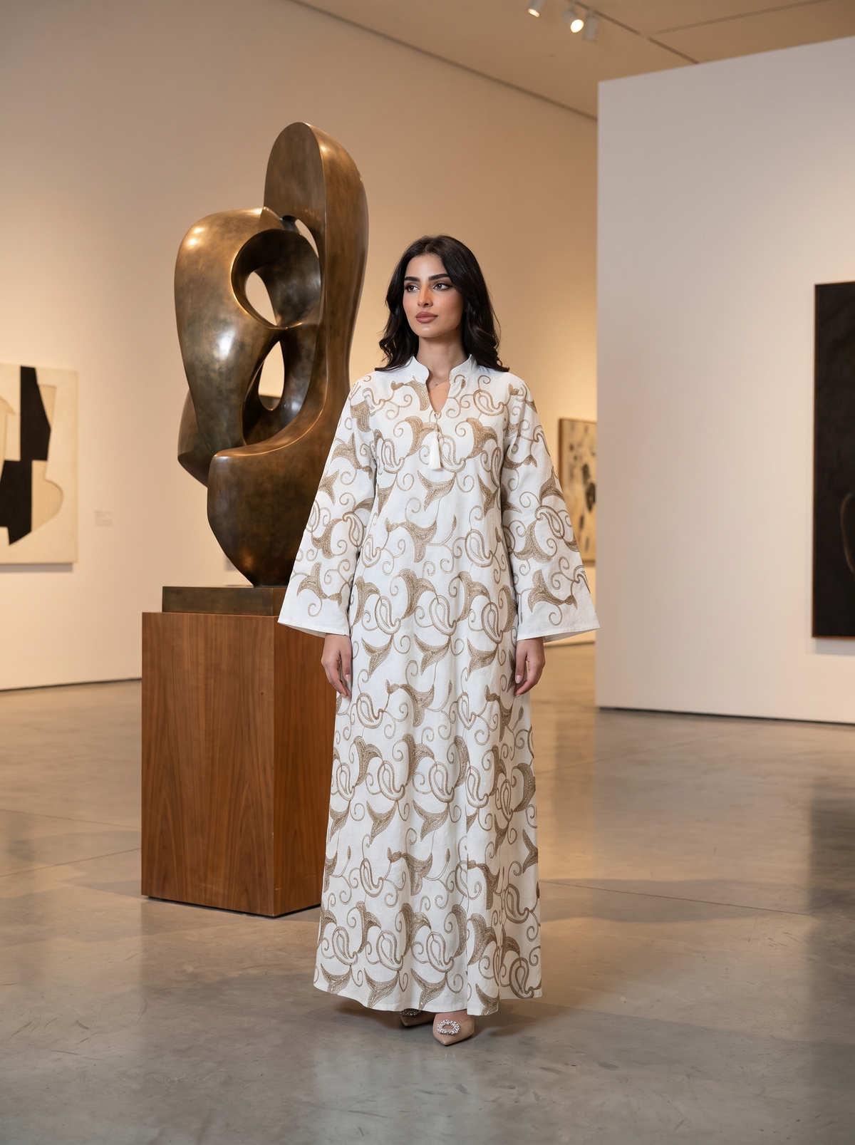 Elegant Embroidered White & Gold Kaftan Dress | Luxury Long-Sleeve Maxi with V-Neck Tassels