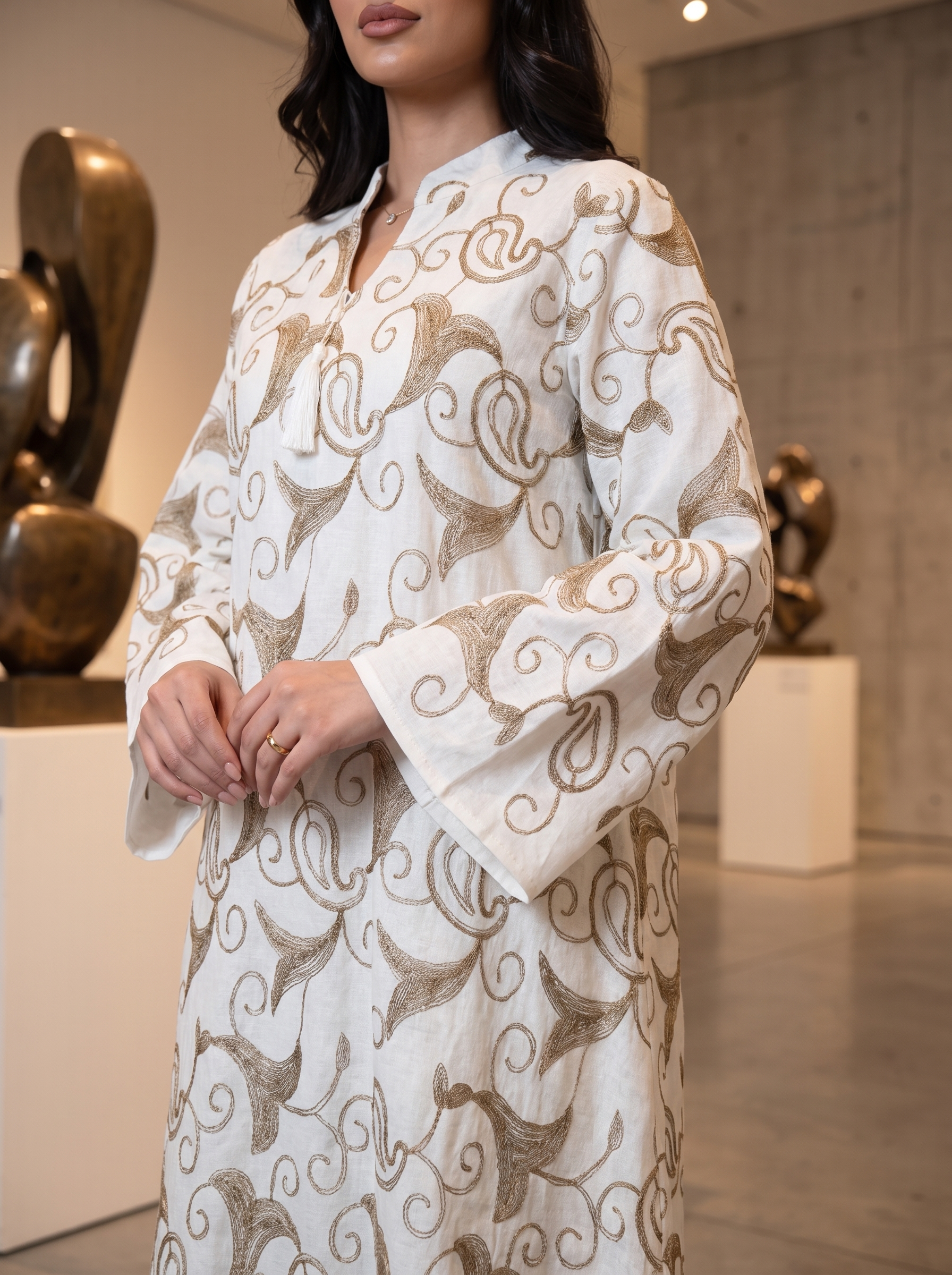 Elegant Embroidered White & Gold Kaftan Dress | Luxury Long-Sleeve Maxi with V-Neck Tassels