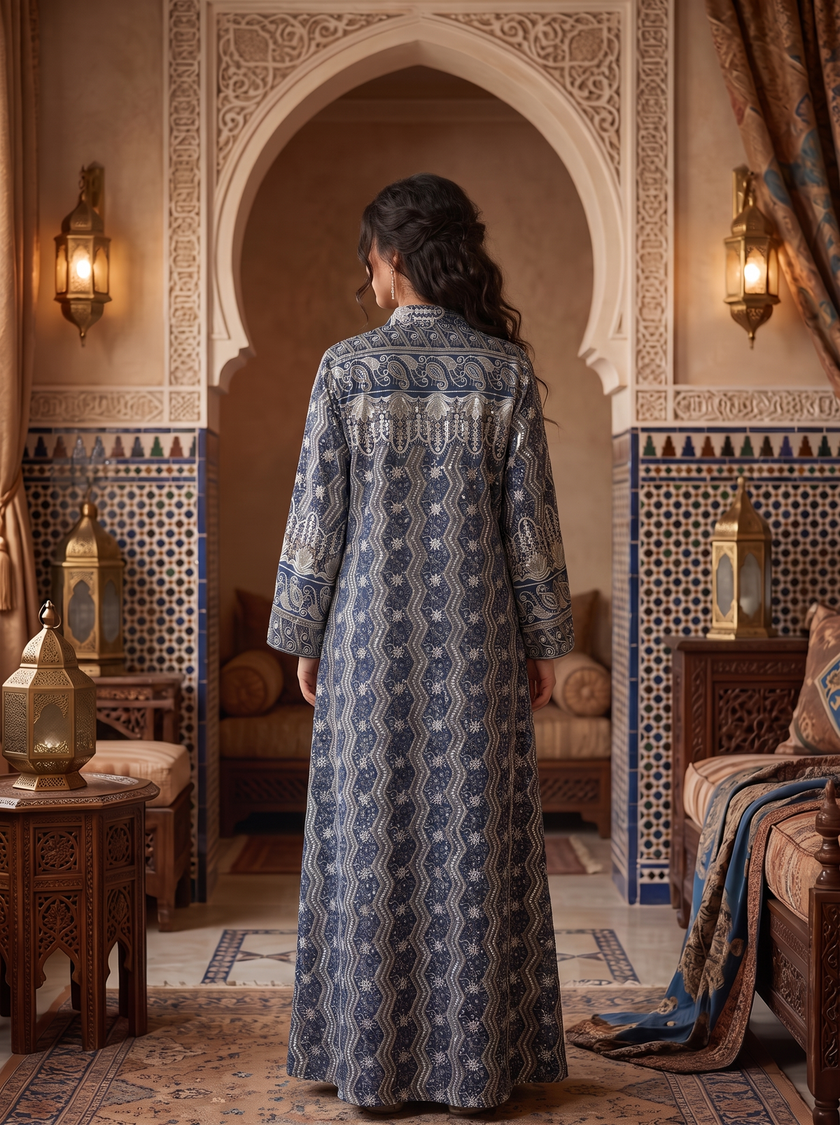 Women’s Navy Blue Embroidered & Sequin Maxi Kaftan Dress – Elegant Long-Sleeve Festive Abaya