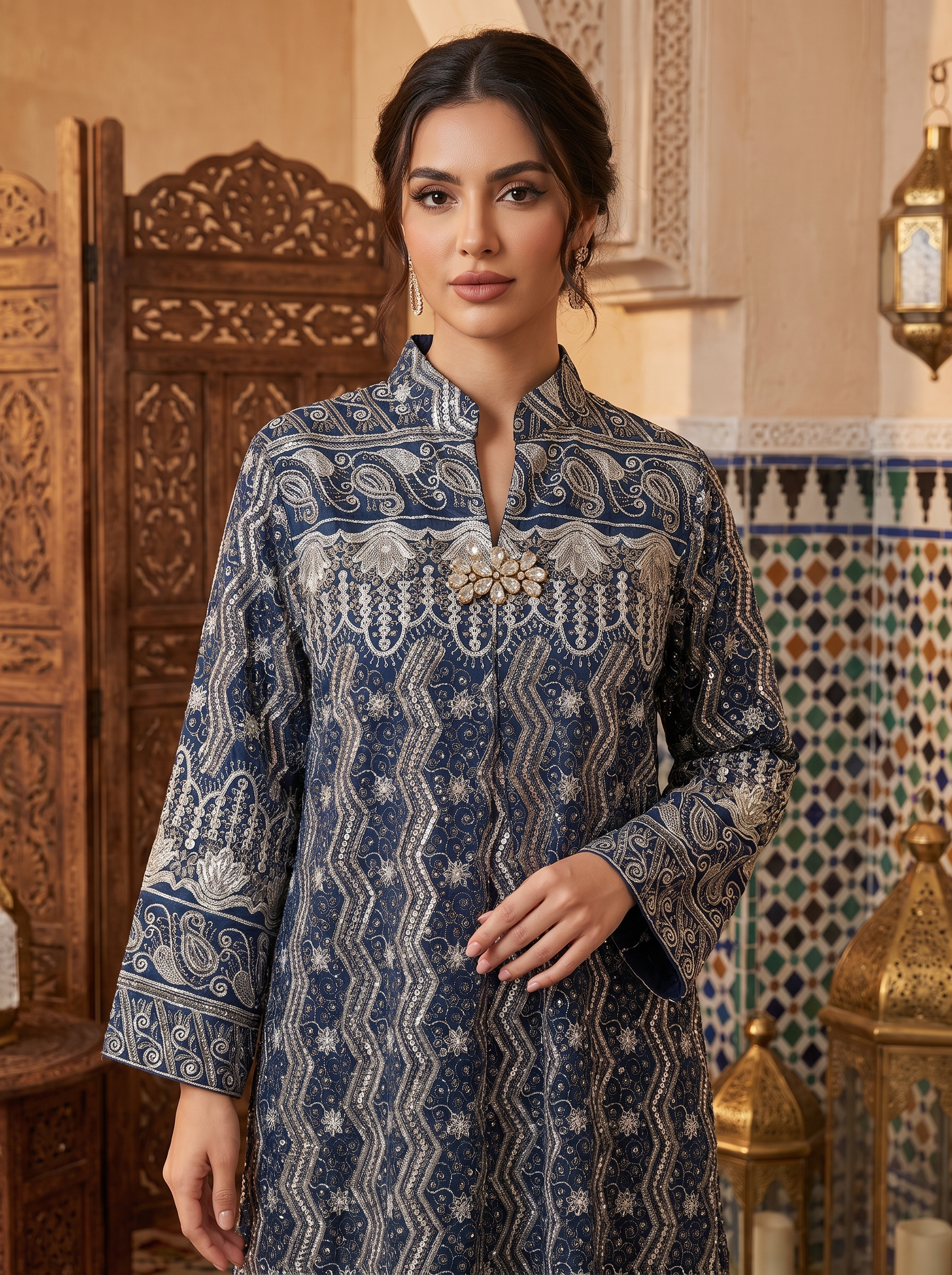 Women’s Navy Blue Embroidered & Sequin Maxi Kaftan Dress – Elegant Long-Sleeve Festive Abaya