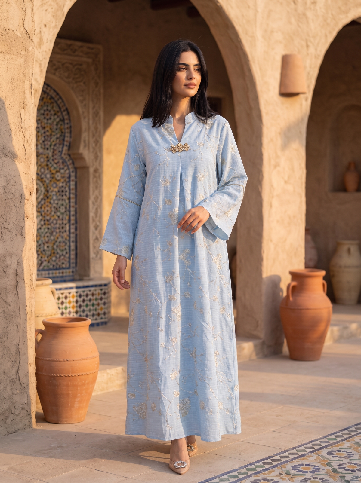 Women’s Light Blue Gold-Embroidered Maxi Kaftan Dress with Brooch Accent – Elegant Long-Sleeve Festive Abaya