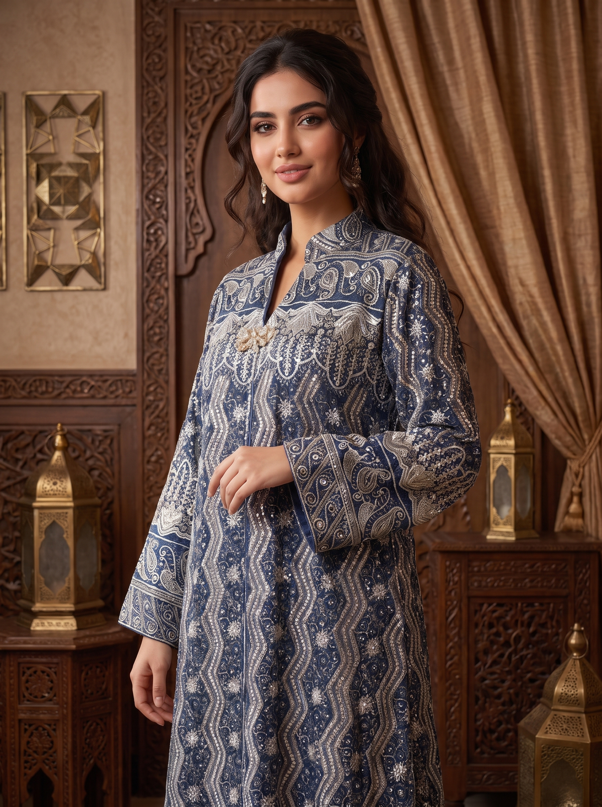 Women’s Navy Blue Embroidered & Sequin Maxi Kaftan Dress – Elegant Long-Sleeve Festive Abaya