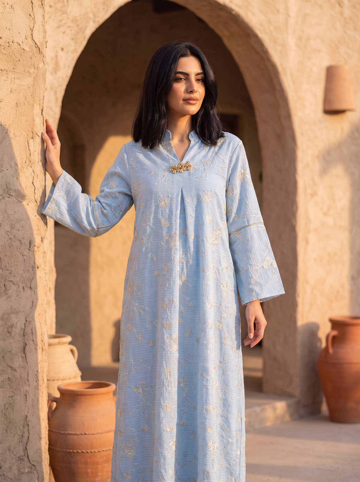 Women’s Light Blue Gold-Embroidered Maxi Kaftan Dress with Brooch Accent – Elegant Long-Sleeve Festive Abaya
