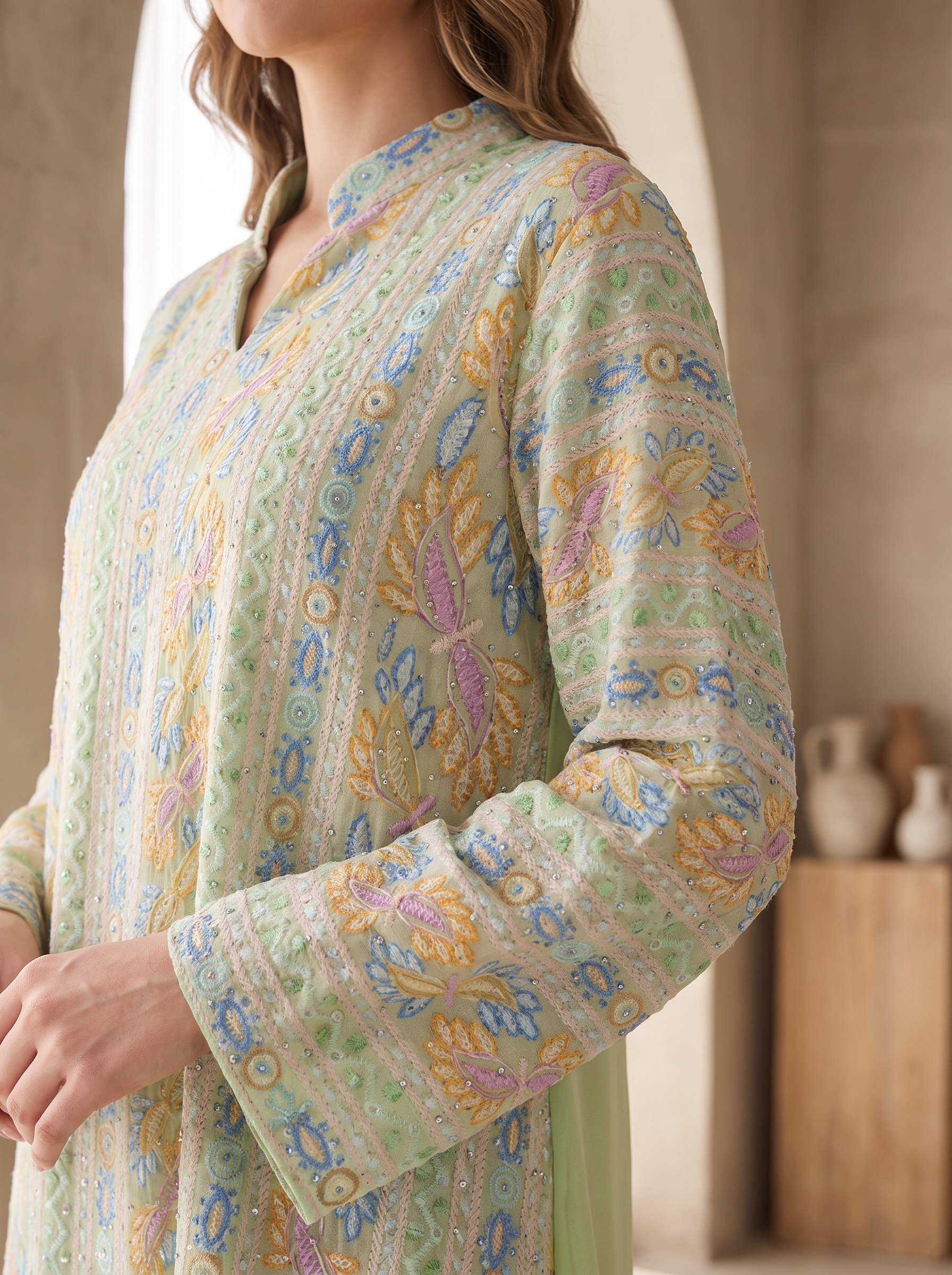 Women’s Sage Green Embroidered Front-Panel Maxi Kaftan Dress – Elegant Long-Sleeve Festive Abaya