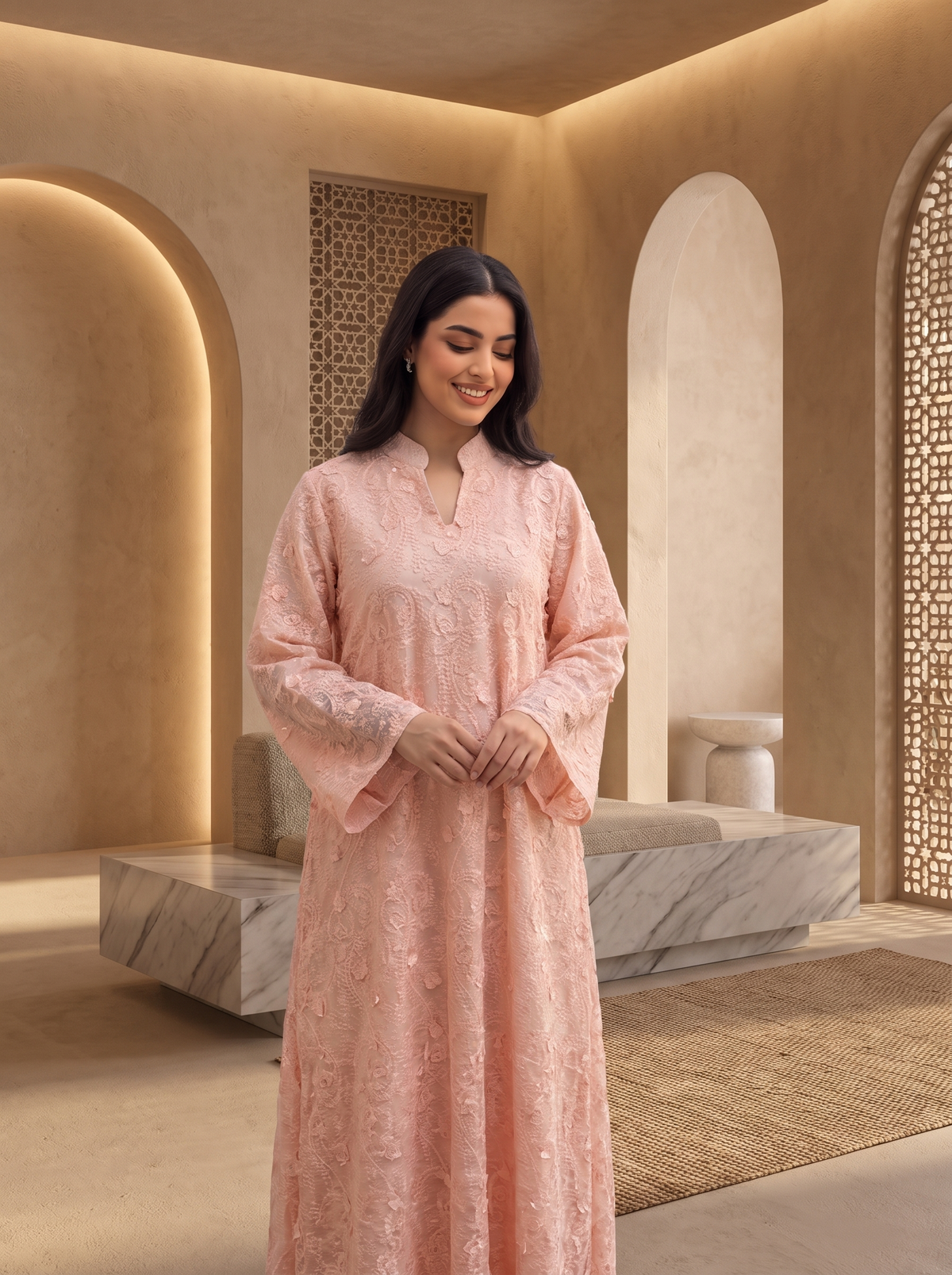 Women’s Soft Pink Floral Threadwork & Lace Maxi Kaftan Dress – Elegant Long-Sleeve Festive Abaya