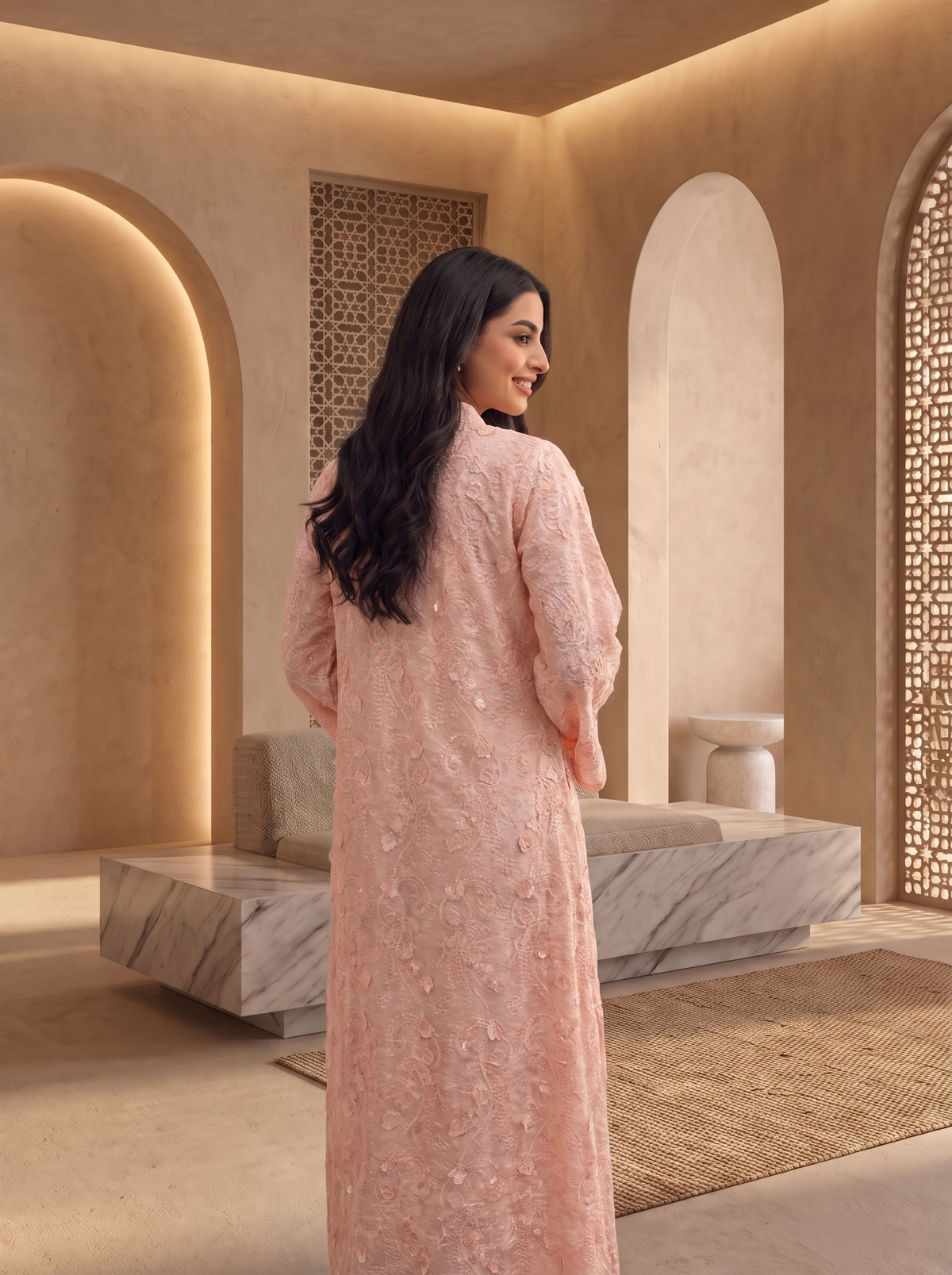 Women’s Soft Pink Floral Threadwork & Lace Maxi Kaftan Dress – Elegant Long-Sleeve Festive Abaya