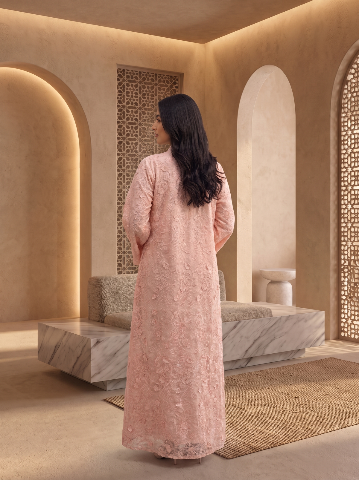 Women’s Soft Pink Floral Threadwork & Lace Maxi Kaftan Dress – Elegant Long-Sleeve Festive Abaya
