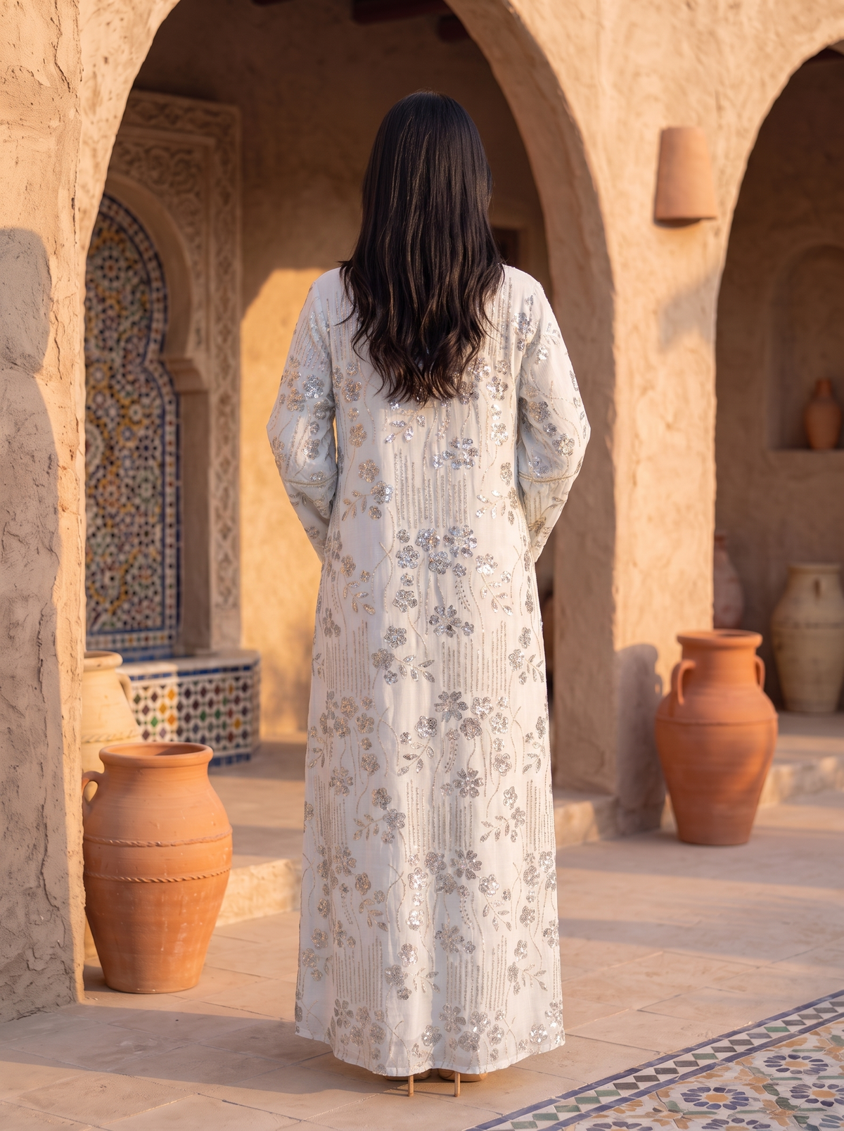 Women’s White Cream-Sequin Floral Embroidered Maxi Kaftan Dress – Elegant Long-Sleeve Festive Abaya