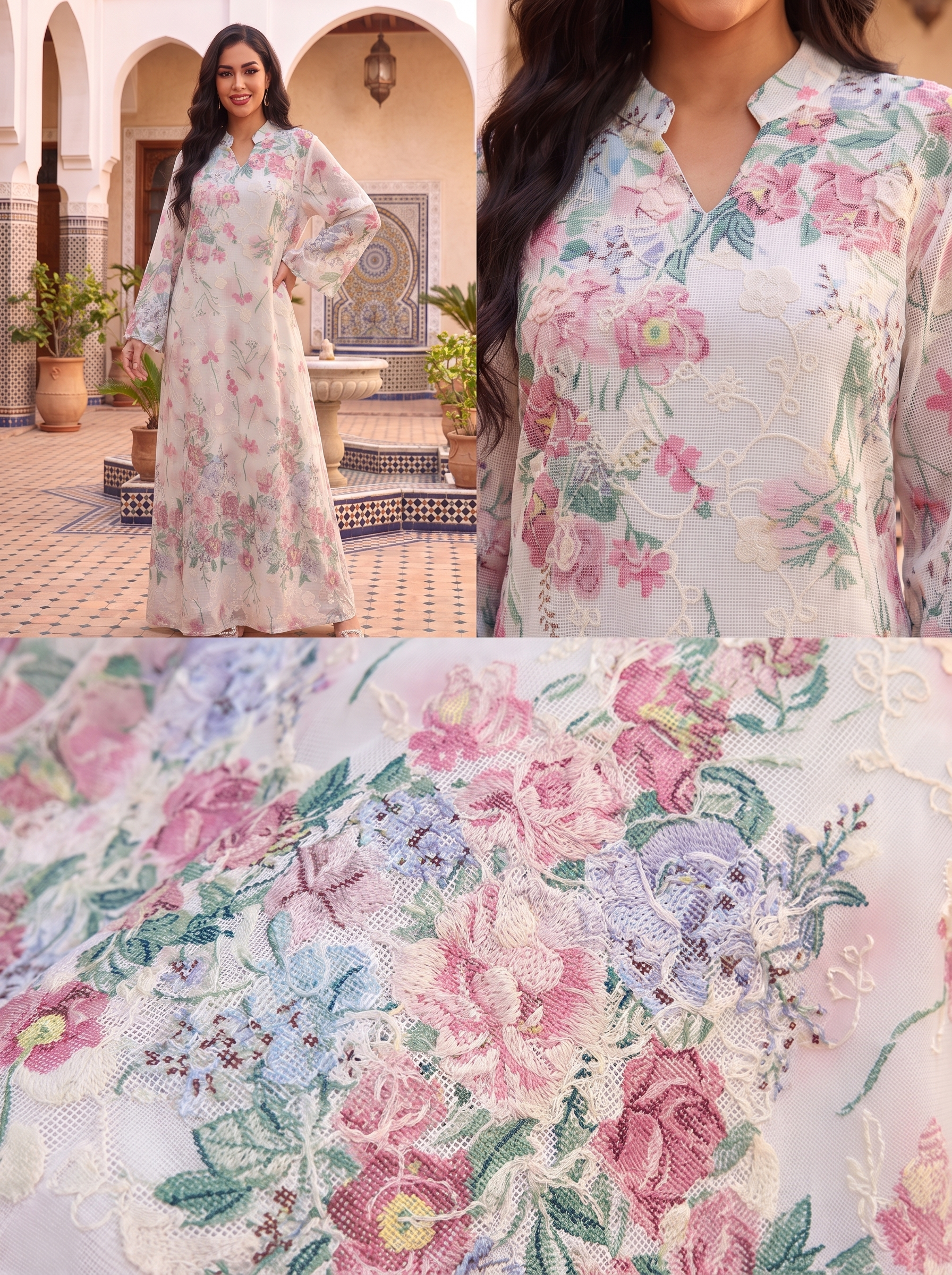 Women’s White & Pink Floral Print Maxi Kaftan Dress – Elegant Long-Sleeve Festive Abaya