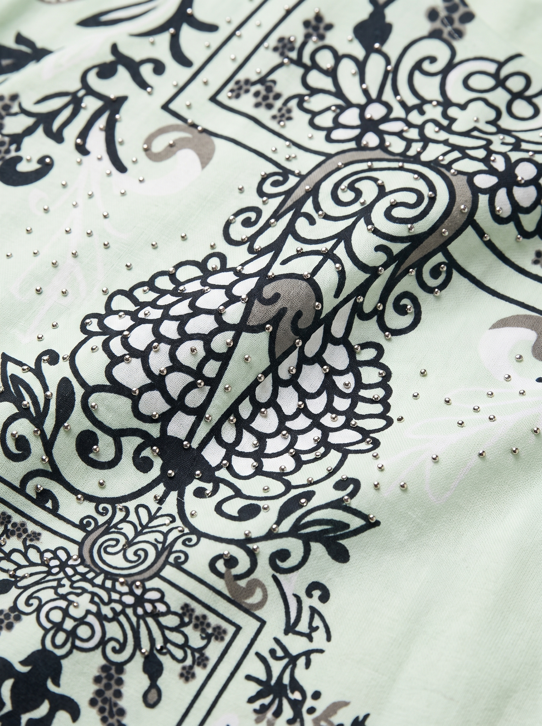 Women’s Mint Green Printed & Rhinestone Maxi Kaftan Dress – Elegant Long-Sleeve Festive Abaya