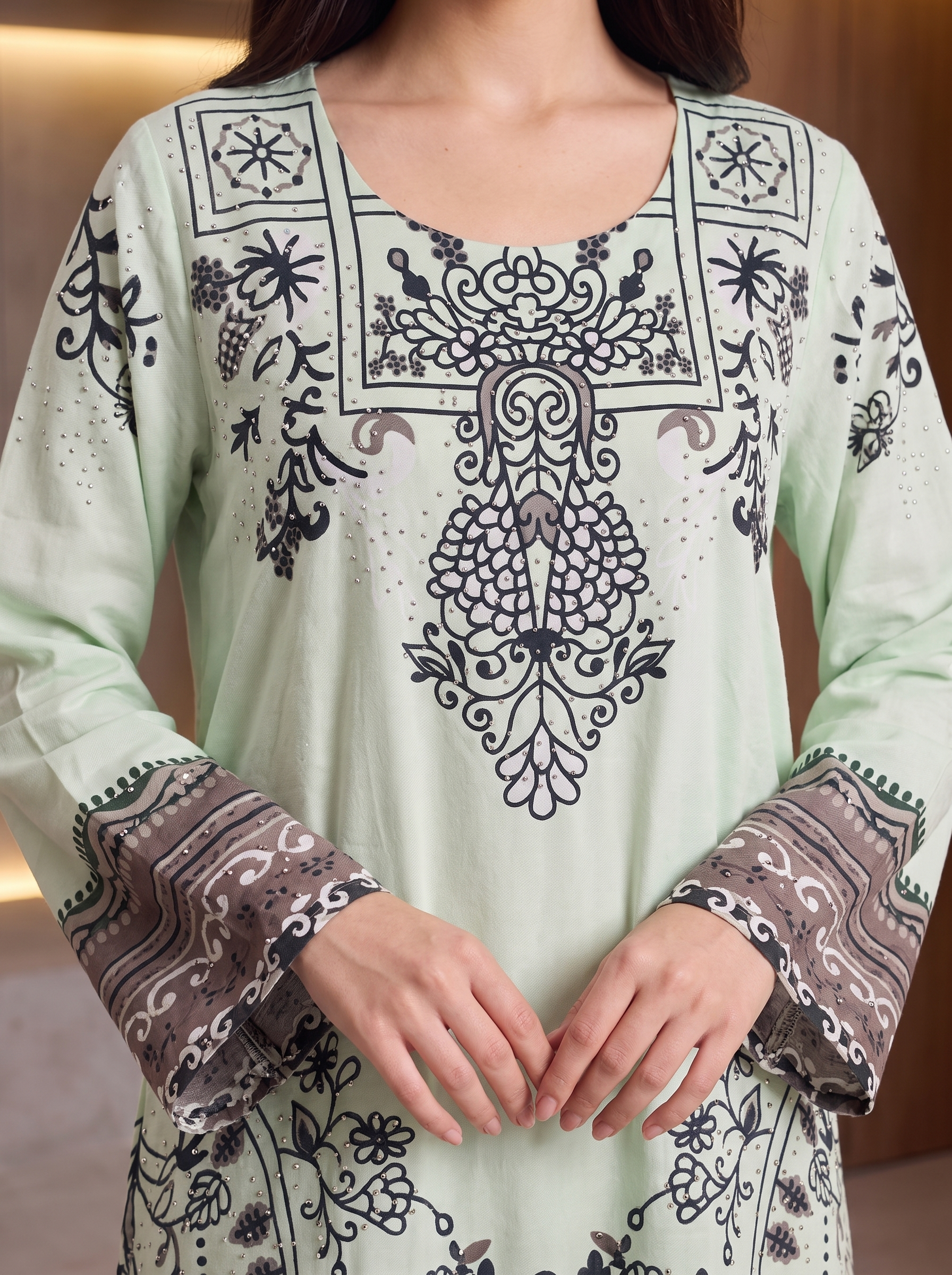 Women’s Mint Green Printed & Rhinestone Maxi Kaftan Dress – Elegant Long-Sleeve Festive Abaya
