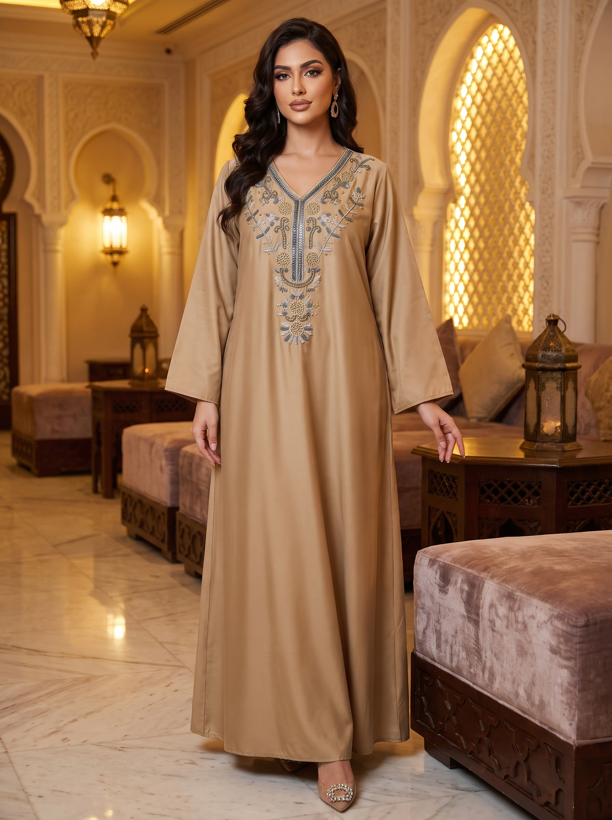 Women’s Camel Brown Embroidered V-Neck Maxi Kaftan Dress – Elegant Long-Sleeve Festive Abaya