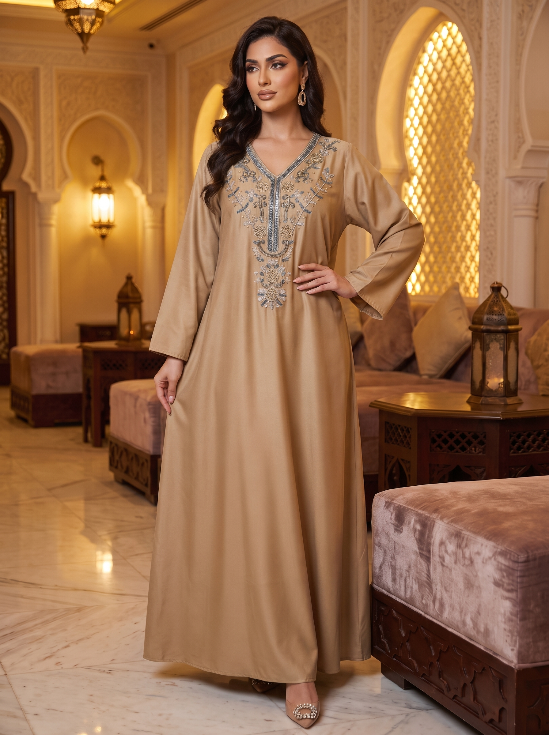 Women’s Camel Brown Embroidered V-Neck Maxi Kaftan Dress – Elegant Long-Sleeve Festive Abaya