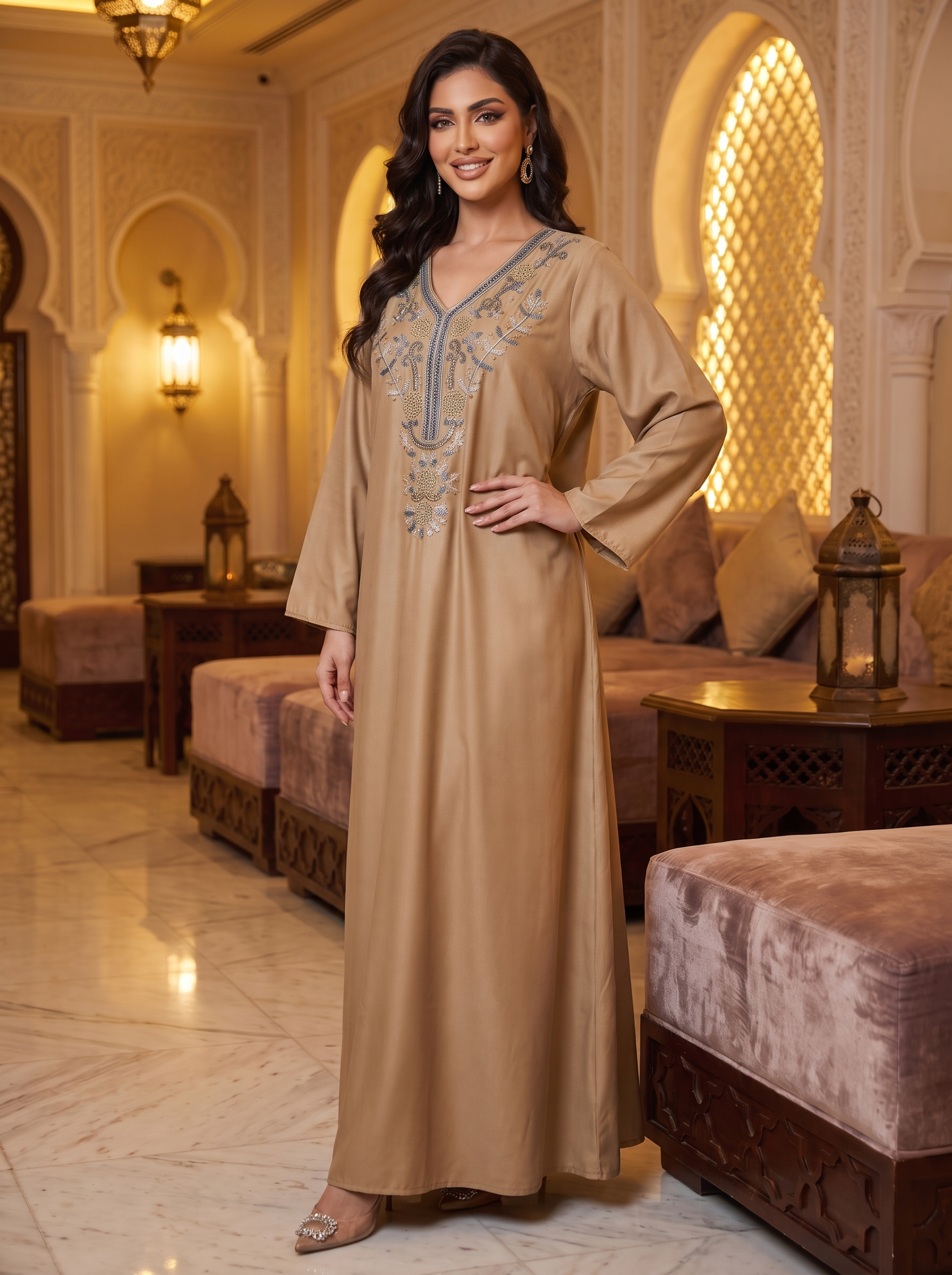 A woman models a long beige kaftan dress with blue and silver embroidery on the neckline, standing in an ornate Moroccan-style room with warm lighting and traditional furniture.