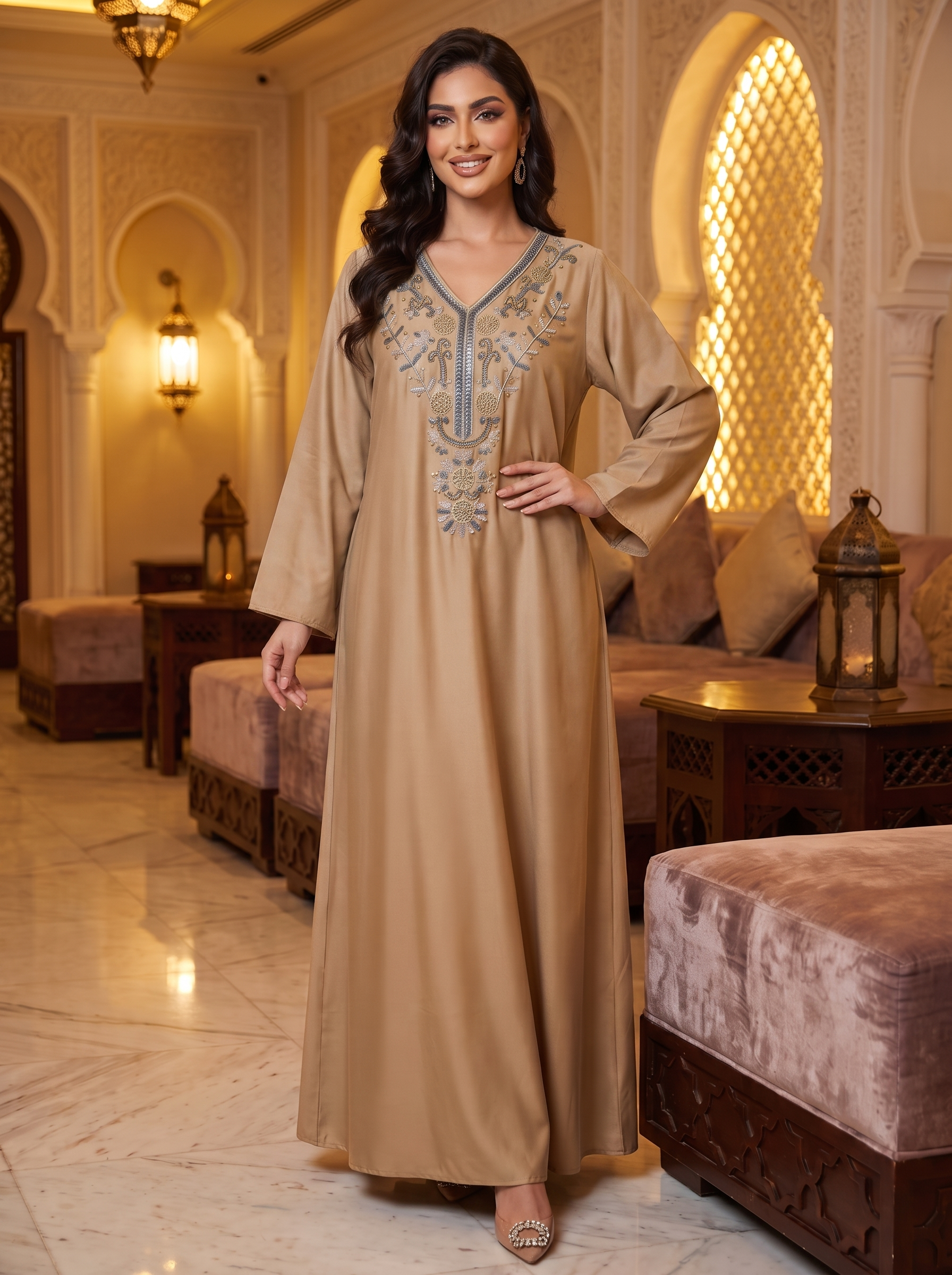 Women’s Camel Brown Embroidered V-Neck Maxi Kaftan Dress – Elegant Long-Sleeve Festive Abaya