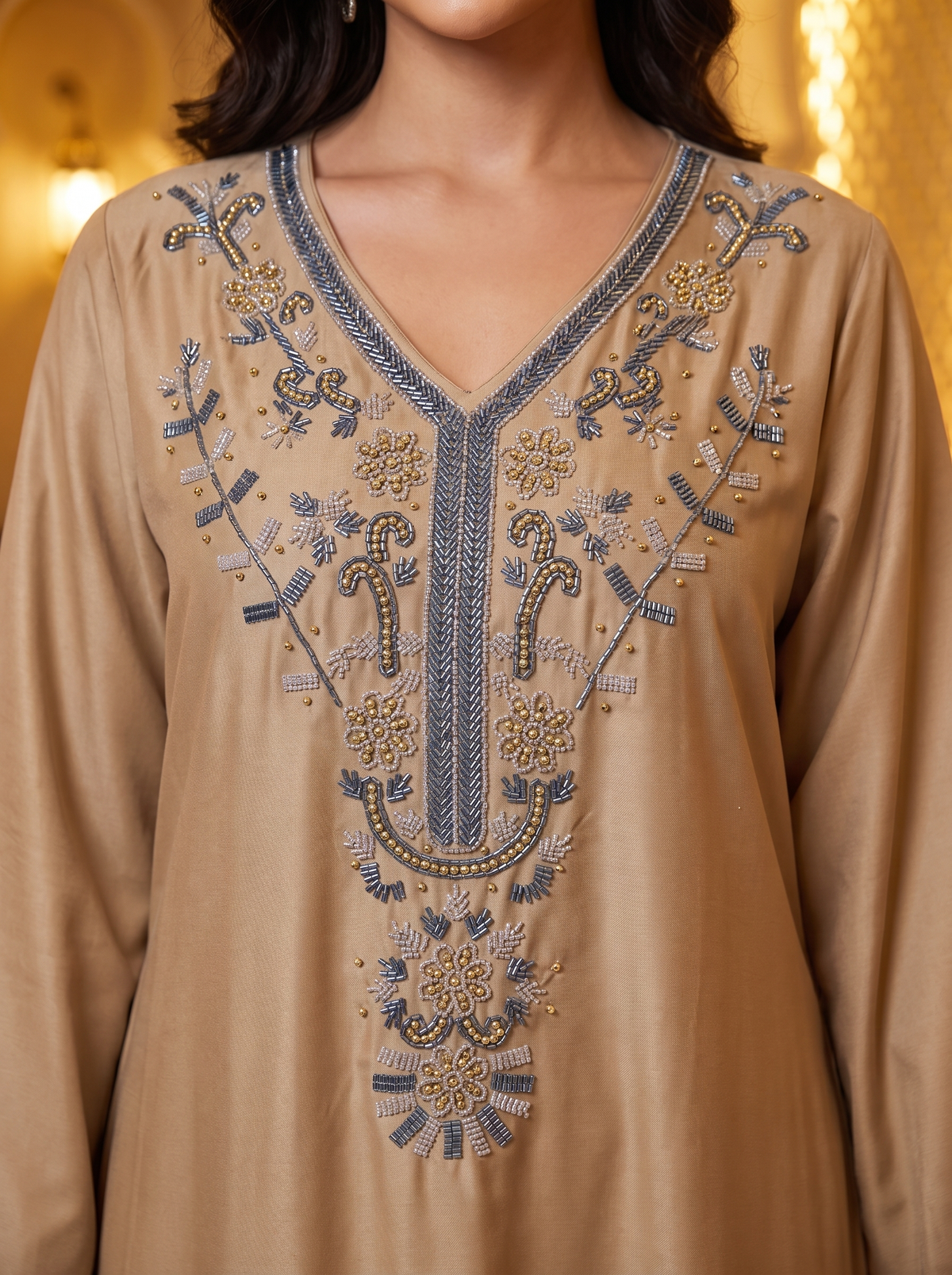 Women’s Camel Brown Embroidered V-Neck Maxi Kaftan Dress – Elegant Long-Sleeve Festive Abaya