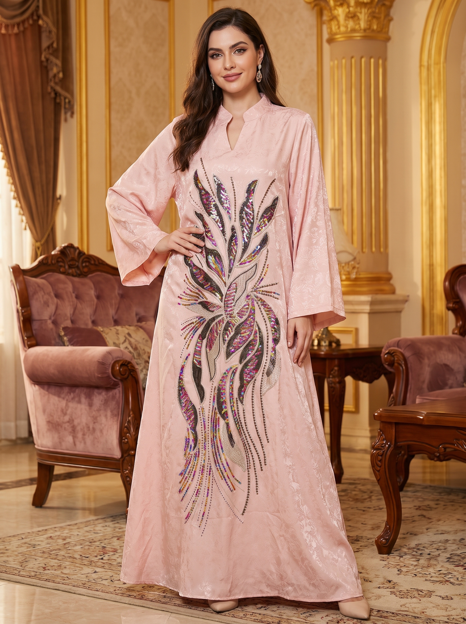 Women’s Pastel Pink Sequin-Embellished Maxi Kaftan Dress – Elegant Long-Sleeve Festive Abaya