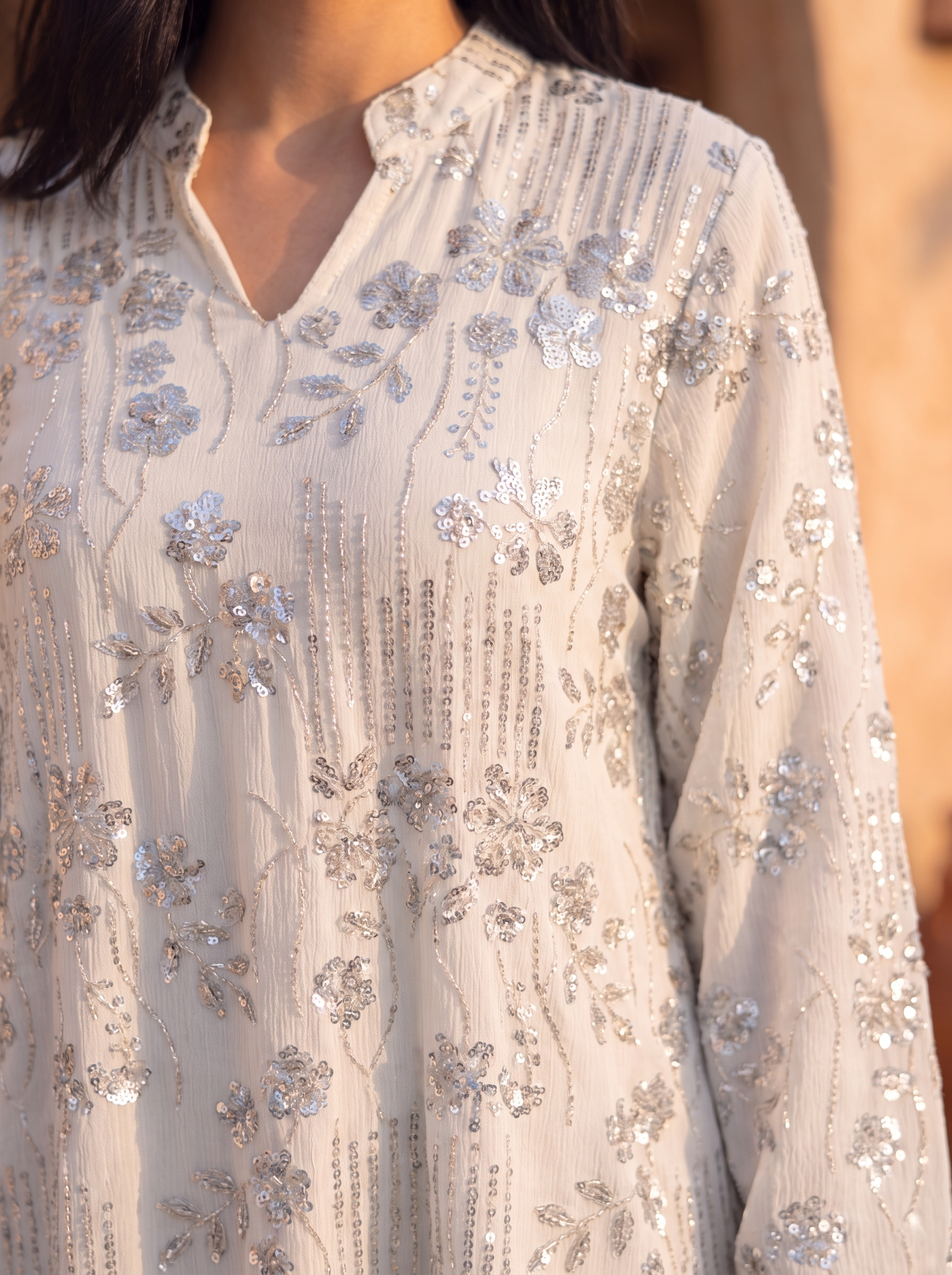 Women’s White Cream-Sequin Floral Embroidered Maxi Kaftan Dress – Elegant Long-Sleeve Festive Abaya