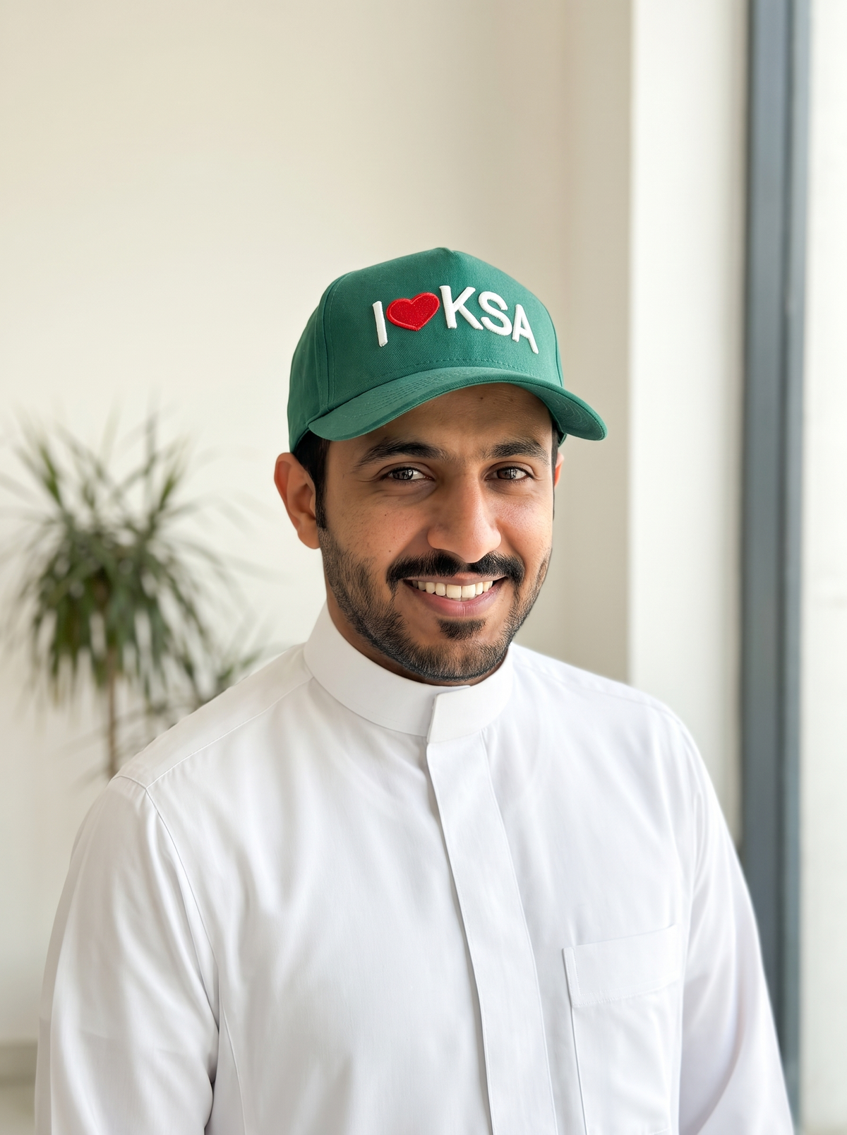 Saudi National Day Embroidered Baseball Cap – "I ❤️ KSA"  (White & Green)