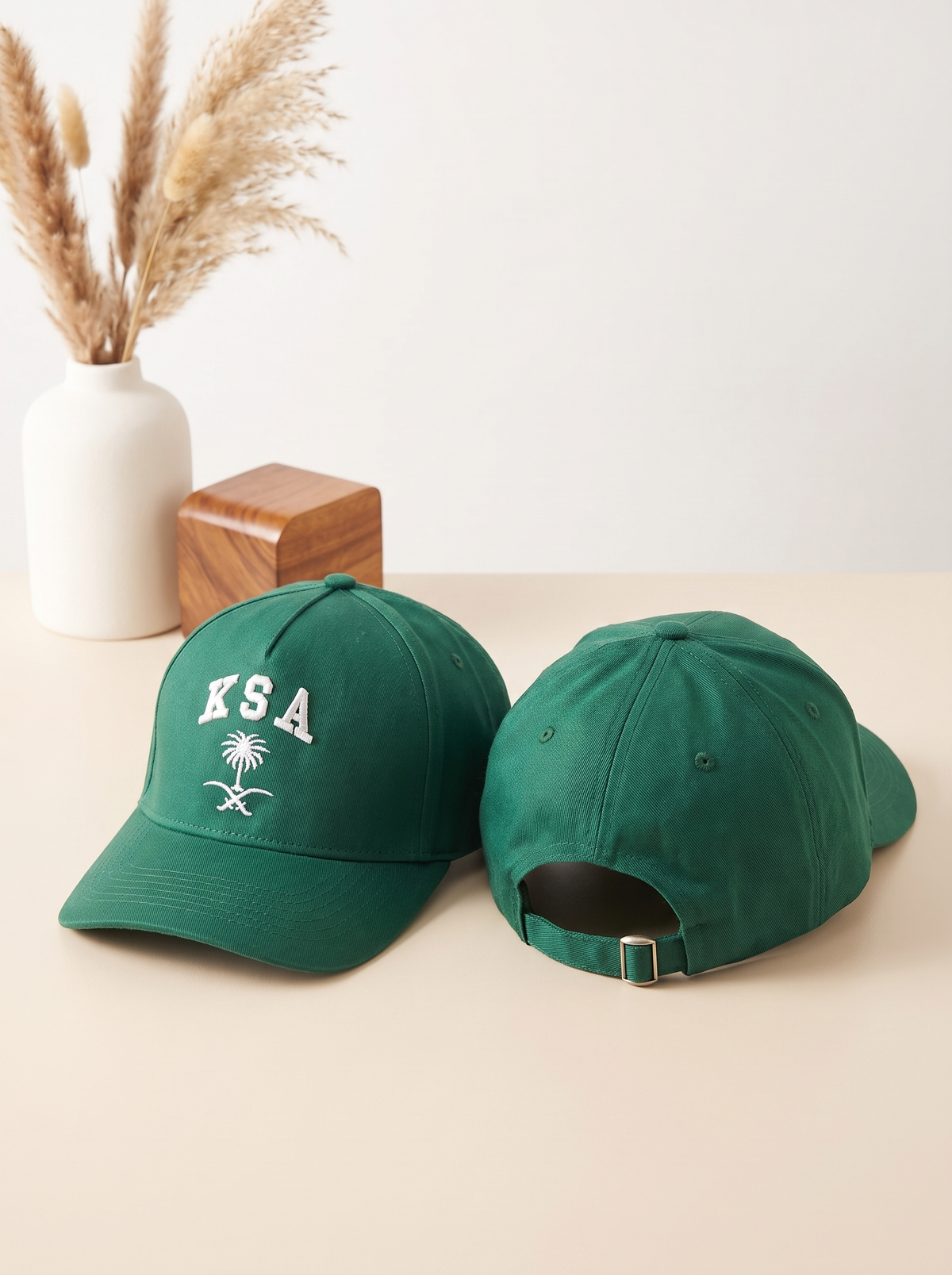 Saudi National Day Embroidered Cap – KSA & Palm Tree Emblem Design