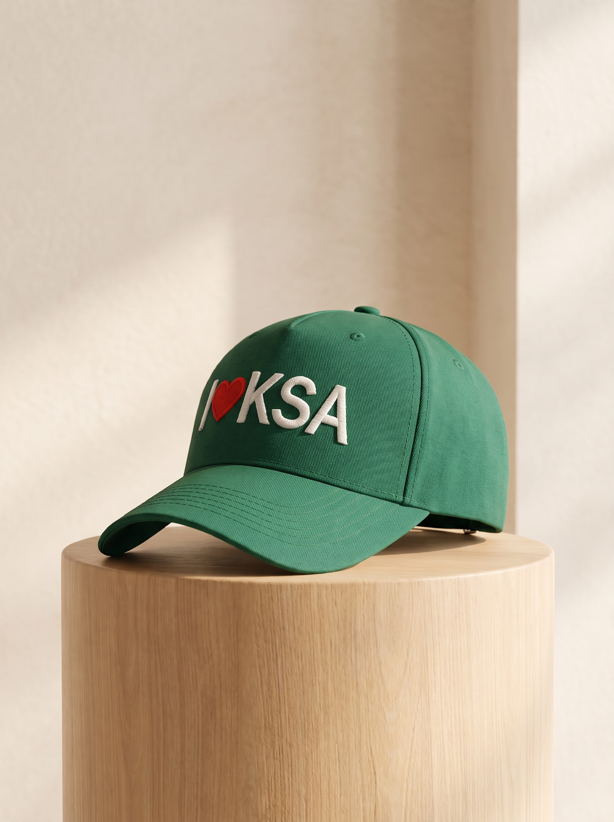 Saudi National Day Embroidered Baseball Cap – "I ❤️ KSA"  (White & Green)