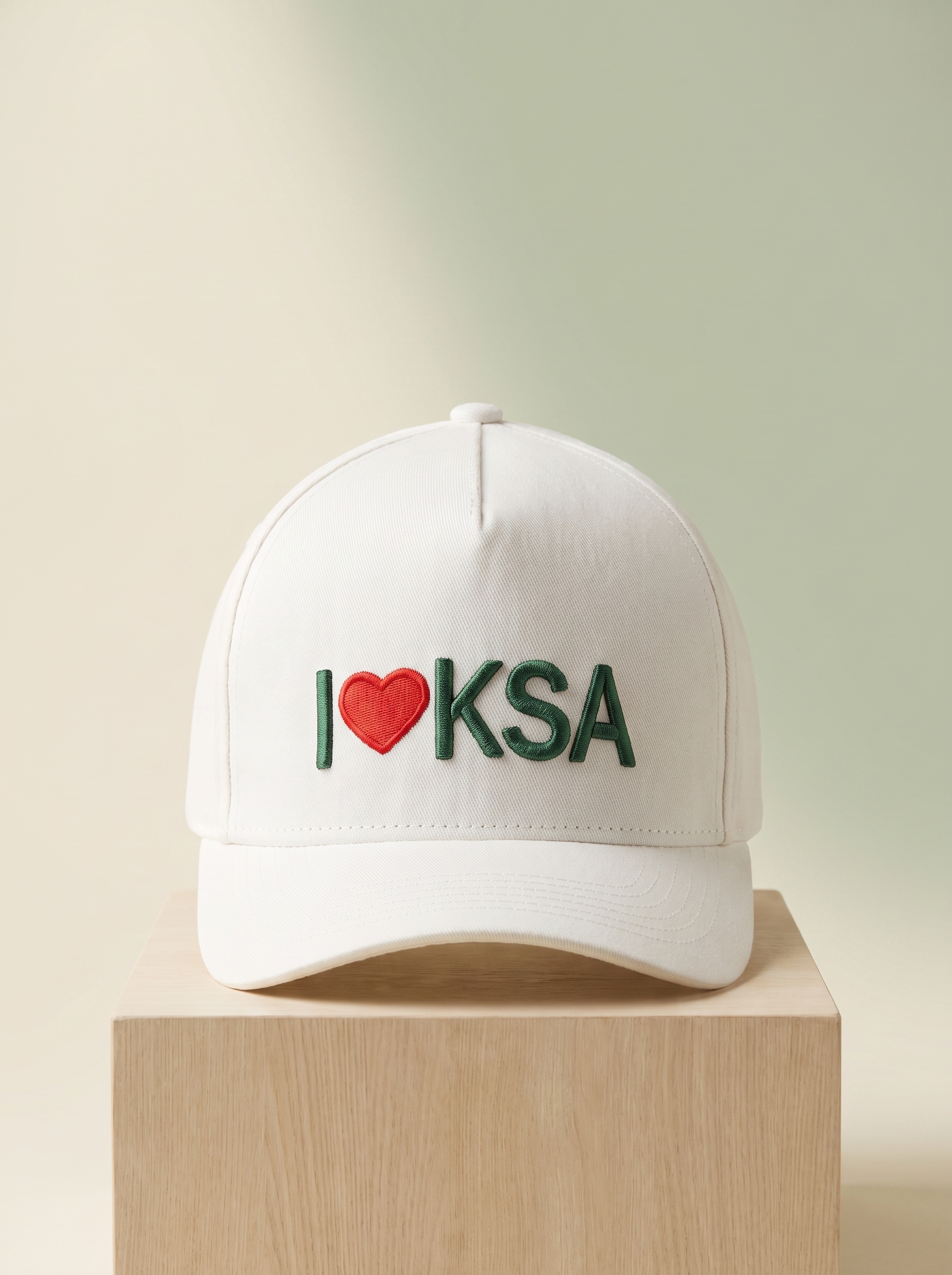 Saudi National Day Embroidered Baseball Cap – "I ❤️ KSA"  (White & Green)