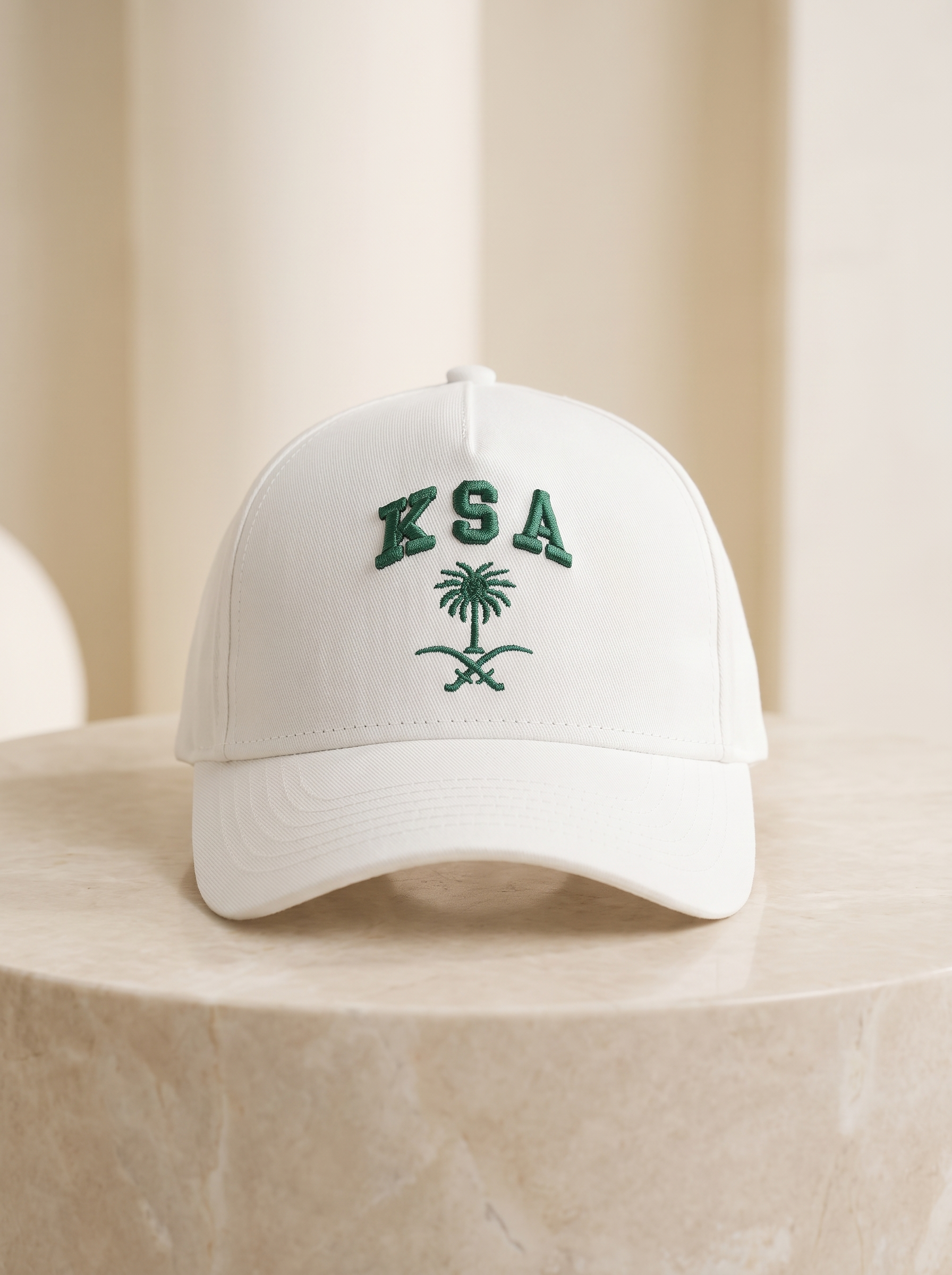 Saudi National Day Embroidered Cap – KSA & Palm Tree Emblem Design