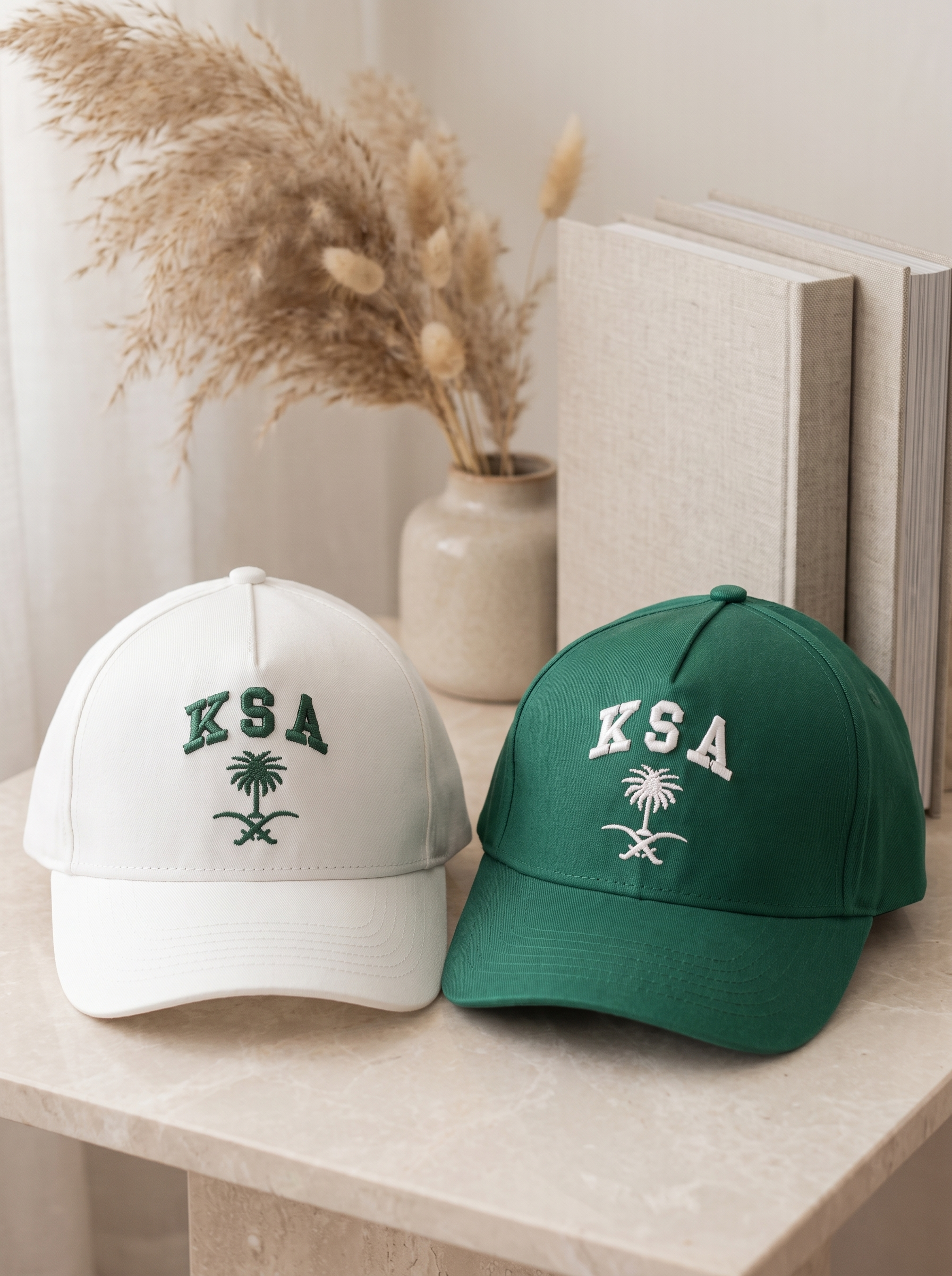 Saudi National Day Embroidered Baseball Cap – "I ❤️ KSA"  (White & Green)