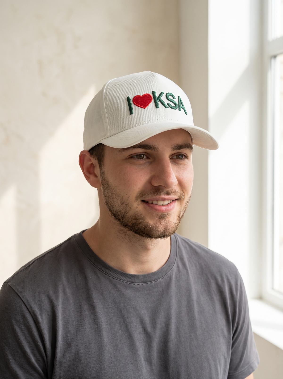 Saudi National Day Embroidered Baseball Cap – "I ❤️ KSA"  (White & Green)