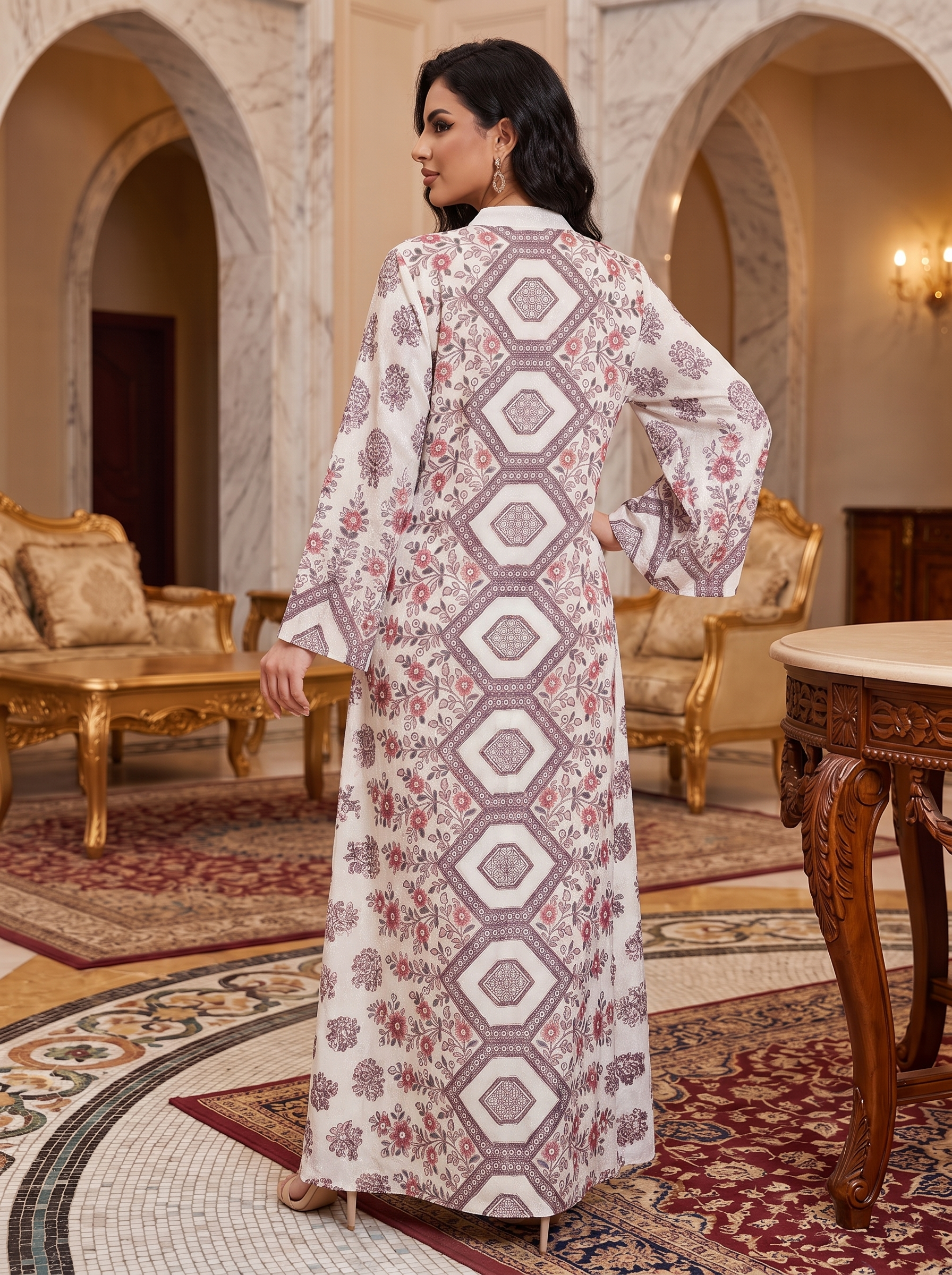 Women’s Off-White Geometric Diamond Printed & Rhinestone Maxi Kaftan Dress – Elegant Long-Sleeve Festive Abaya