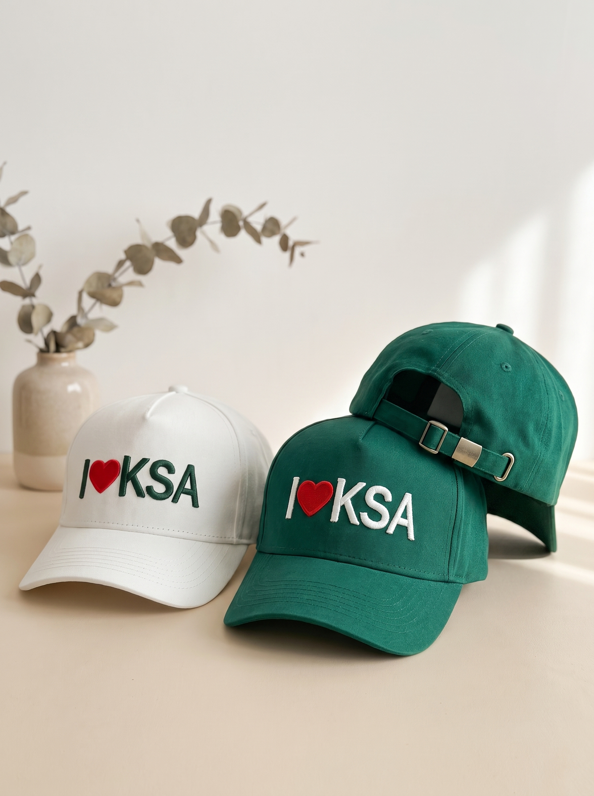 Saudi National Day Embroidered Baseball Cap – "I ❤️ KSA"  (White & Green)