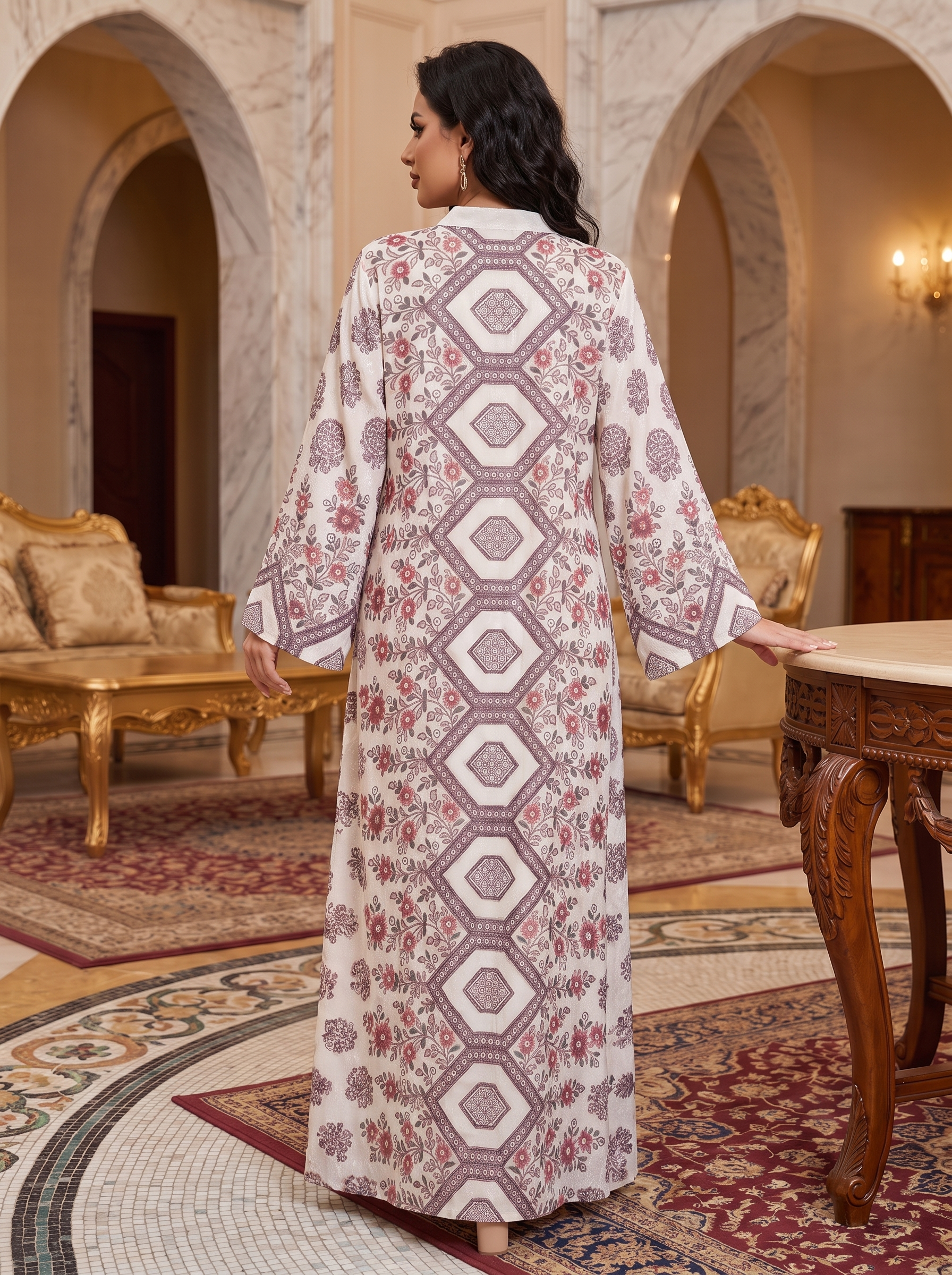 Women’s Off-White Geometric Diamond Printed & Rhinestone Maxi Kaftan Dress – Elegant Long-Sleeve Festive Abaya