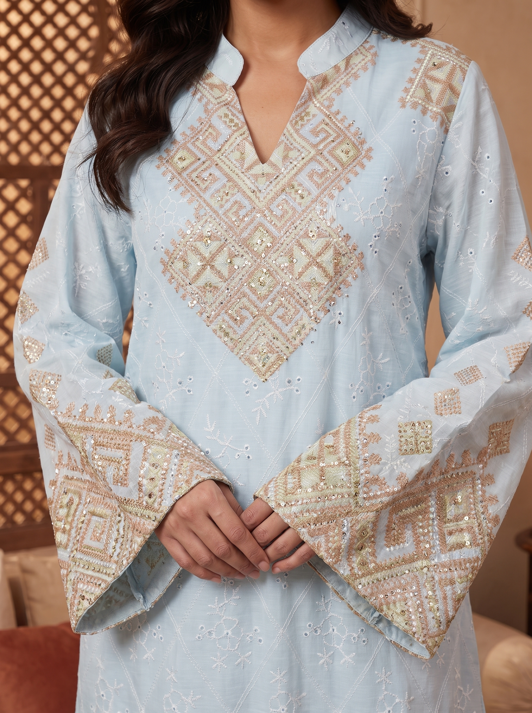 Women’s Light Blue Geometric Printed & Rhinestone Maxi Kaftan Dress – Elegant Long-Sleeve Festive