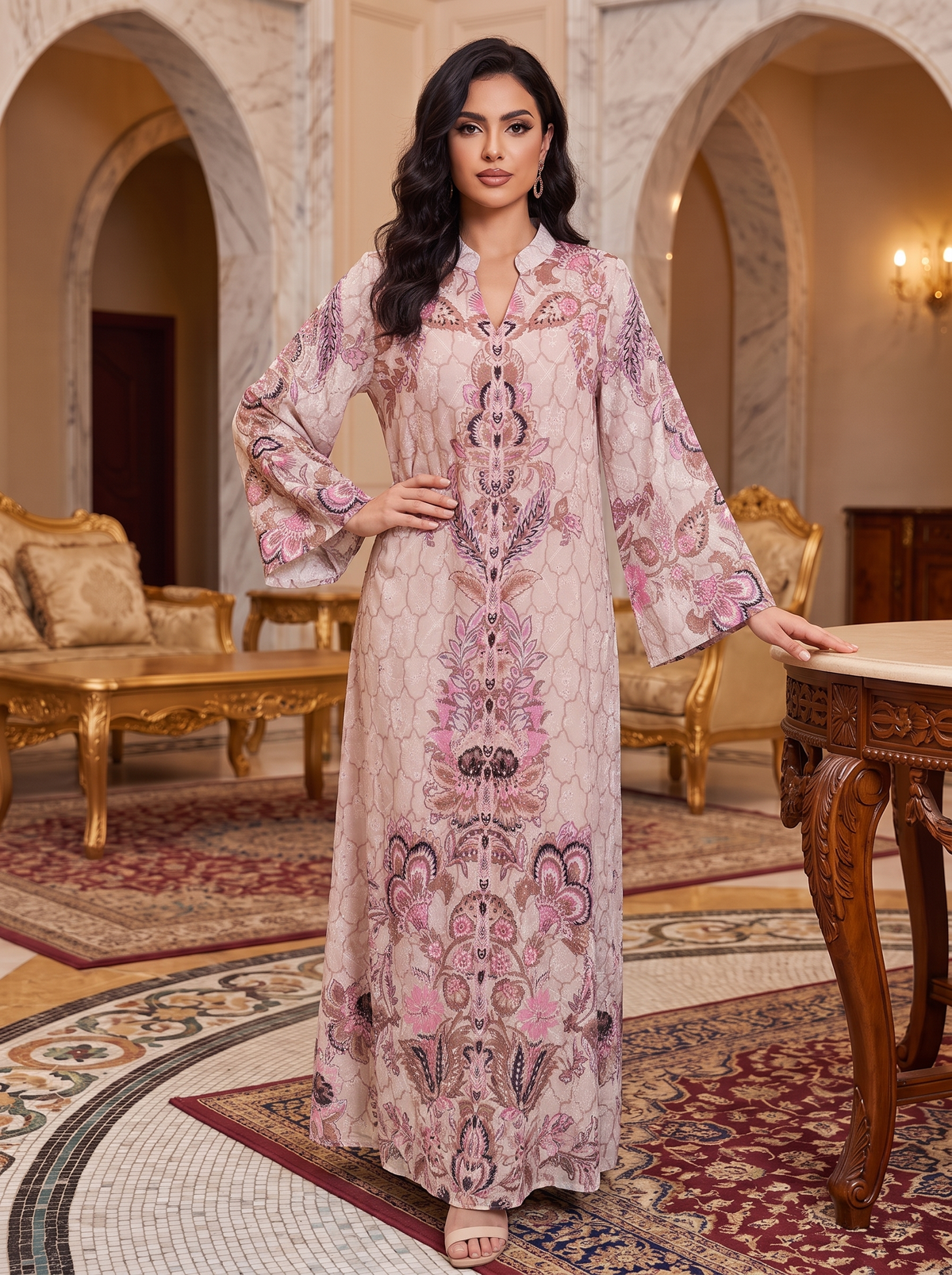 Women’s Blush Pink & Mauve Paisley Printed Maxi Kaftan Dress – Elegant Long-Sleeve Festive Abaya