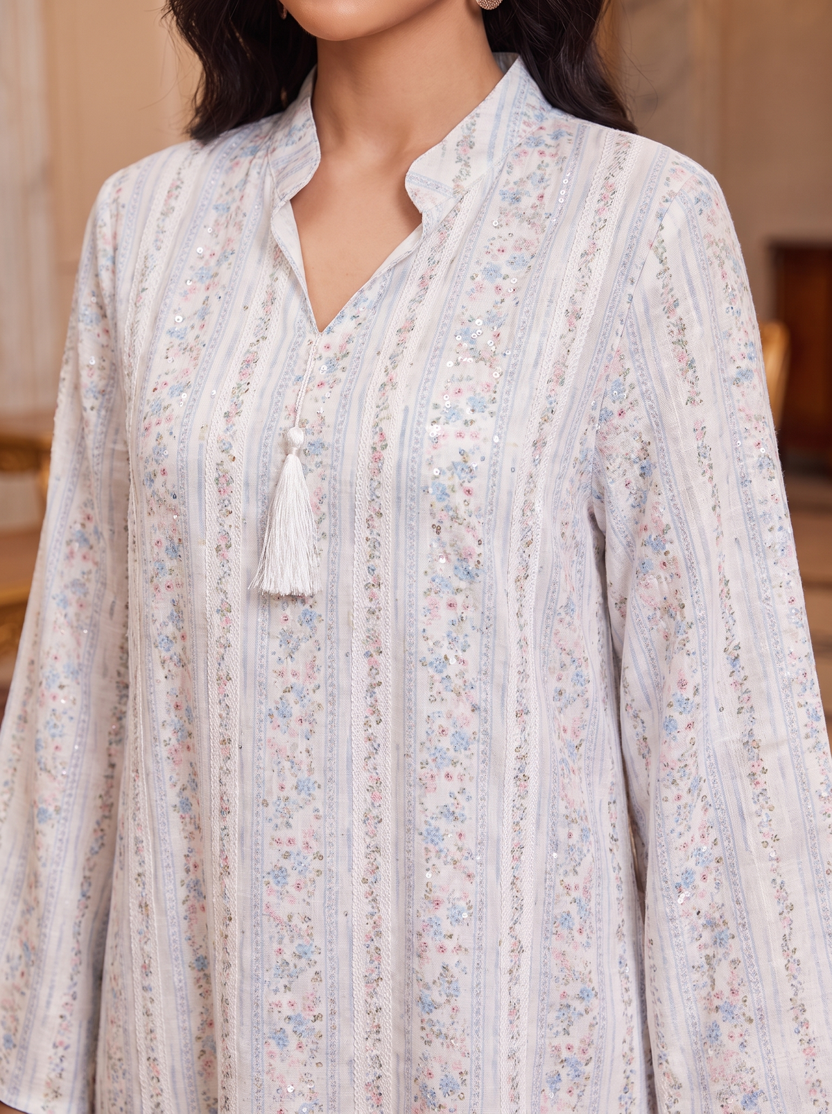 Women’s Floral Striped Tassel-Accented Maxi Kaftan Dress – Elegant Long-Sleeve Festive Abaya