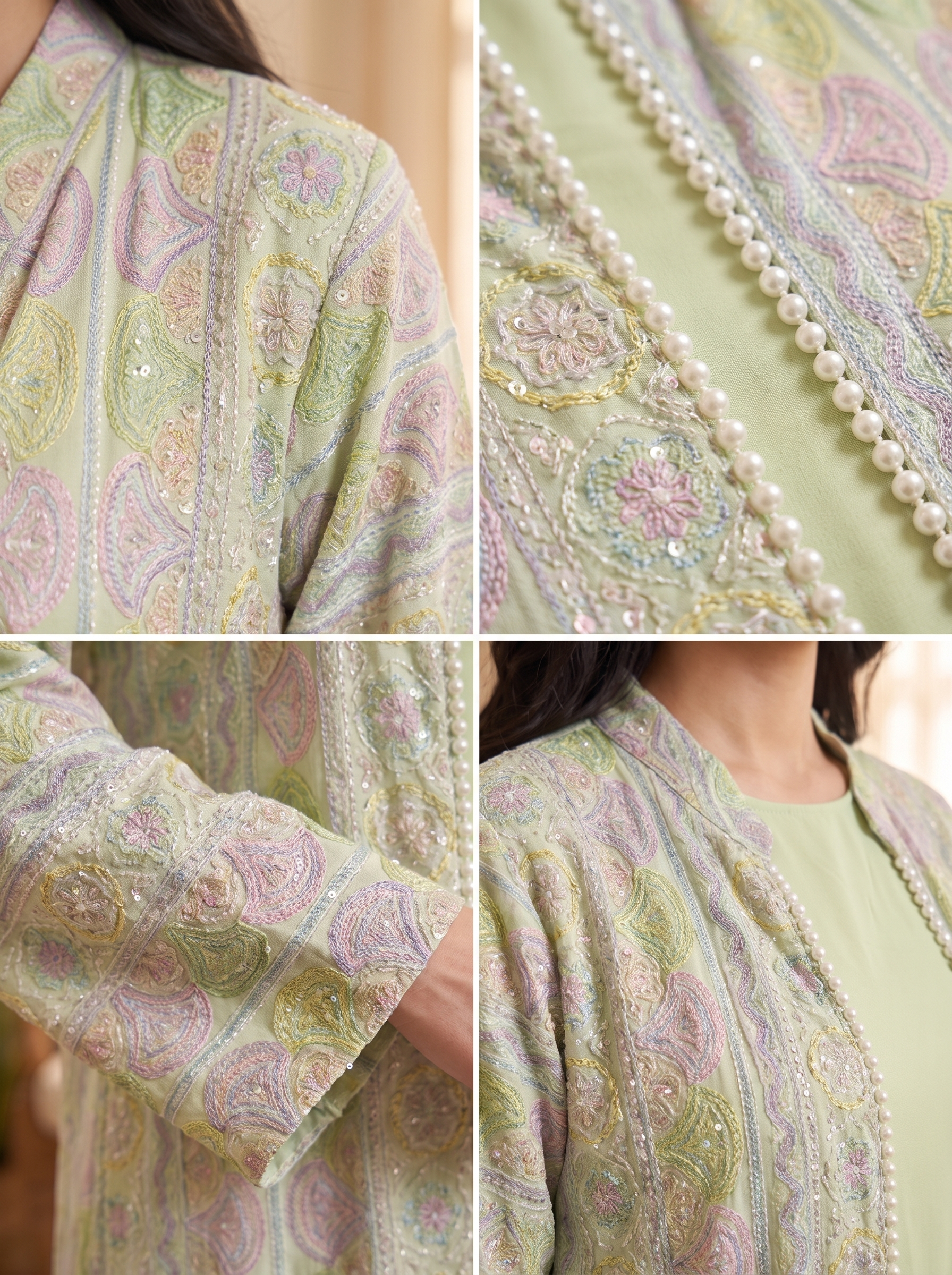 Women’s Sage Green Printed Open-Front Kaftan with Matching Inner Slip – 2-Piece Festive Maxi Set