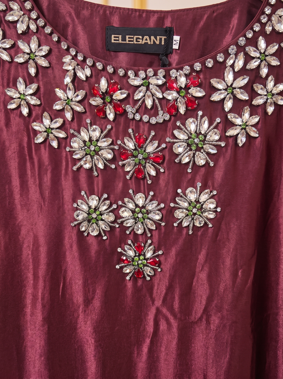 Women’s Burgundy Satin Embroidered Maxi Kaftan Dress – Elegant Long-Sleeve Festive Abaya