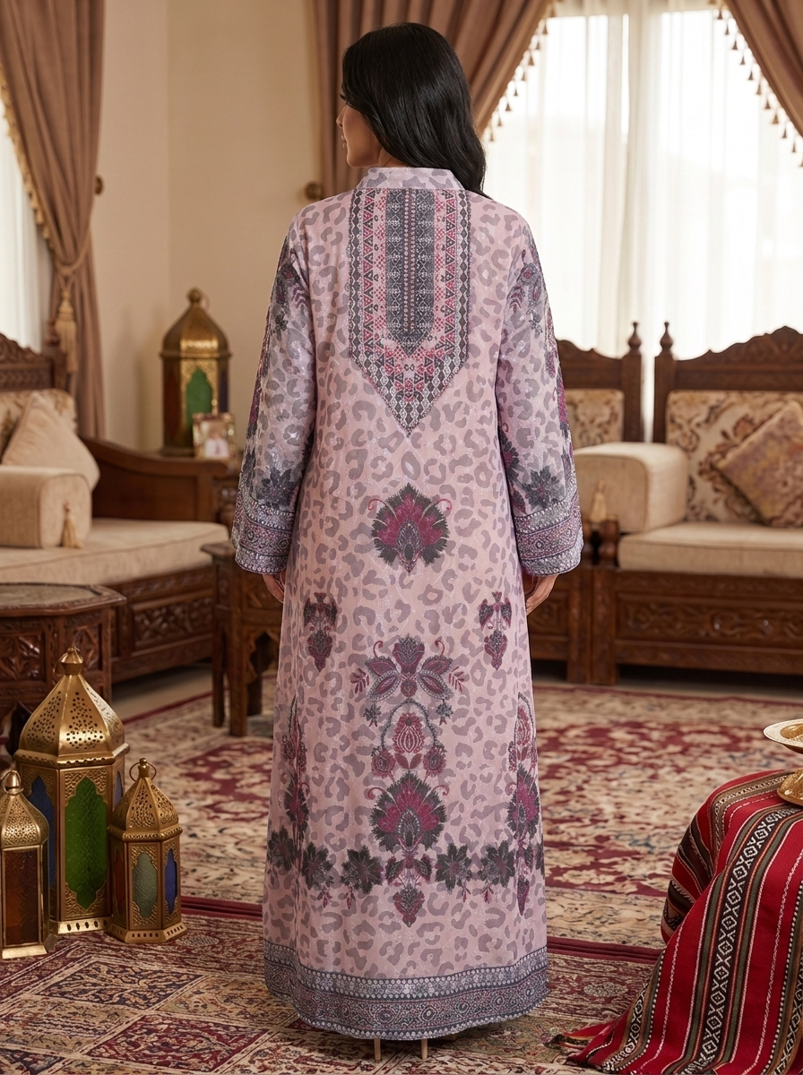 Women’s Pink Animal Print Embroidered Maxi Kaftan Dress with Matching Hijab – Elegant Long-Sleeve Festive Abaya