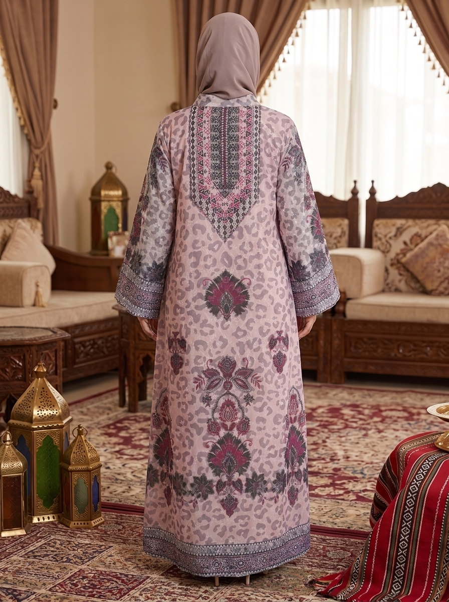 Women’s Pink Animal Print Embroidered Maxi Kaftan Dress with Matching Hijab – Elegant Long-Sleeve Festive Abaya
