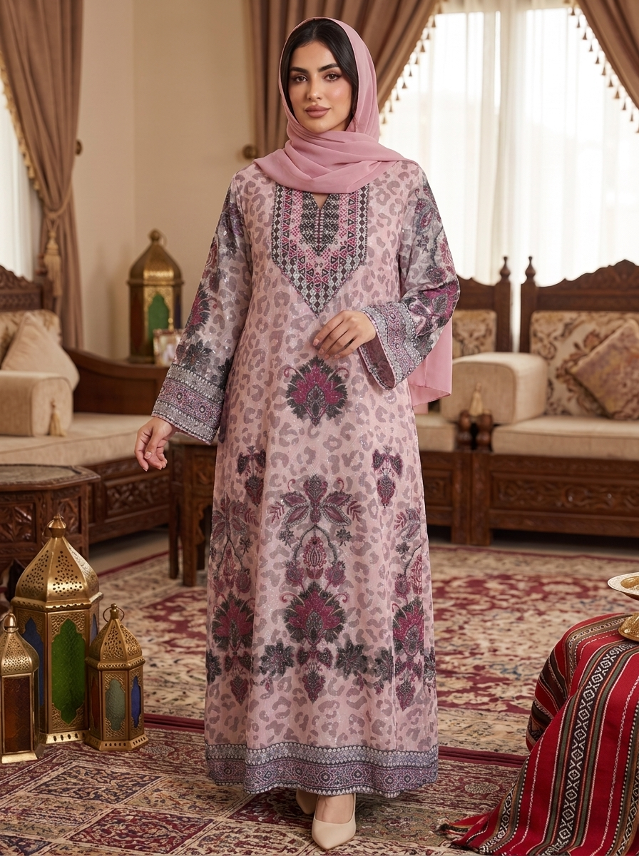 Women’s Pink Animal Print Embroidered Maxi Kaftan Dress with Matching Hijab – Elegant Long-Sleeve Festive Abaya
