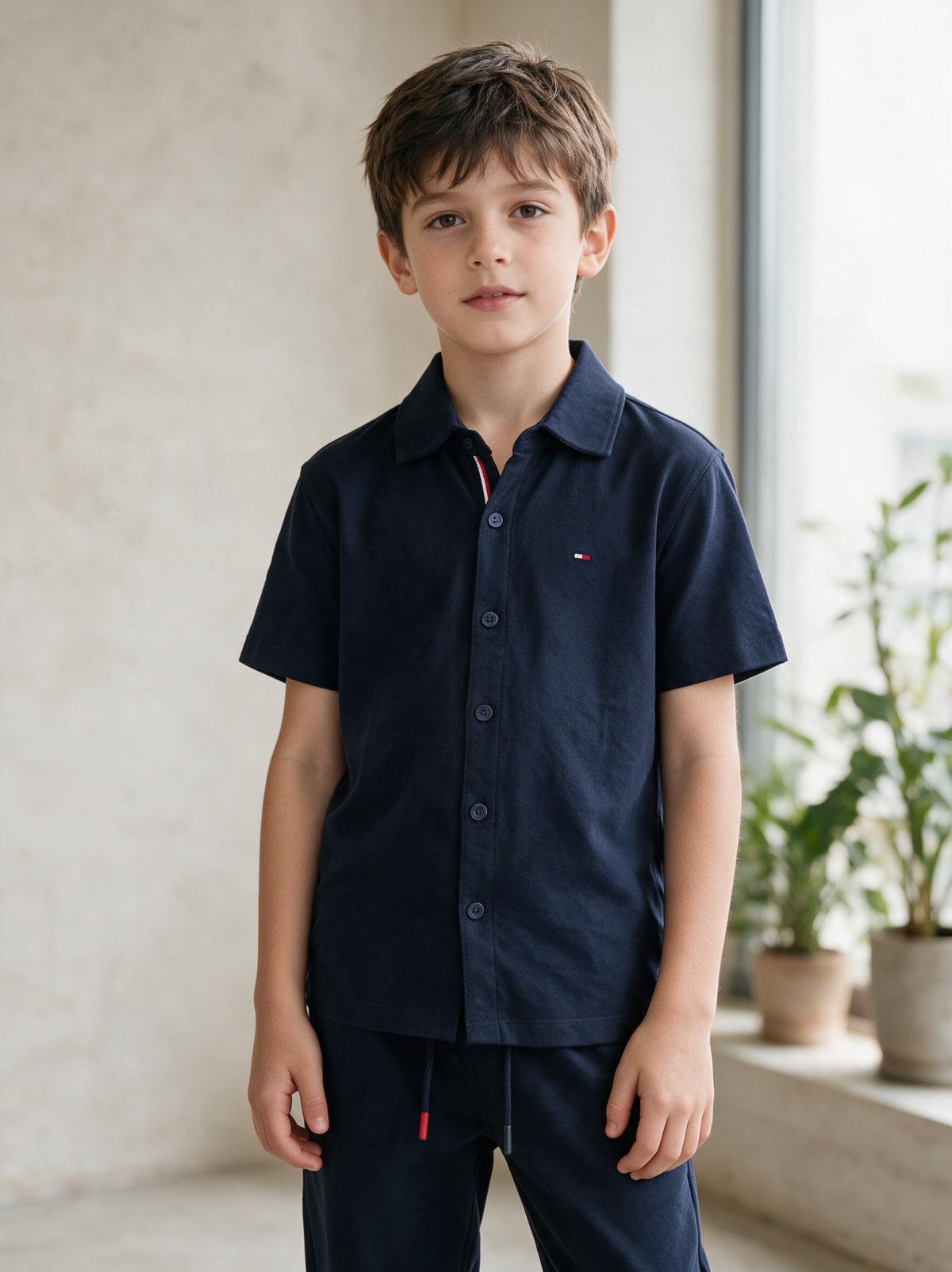 Boys’ Navy Blue Short-Sleeve Button-Down Shirt and Jogger Pants Matching Set